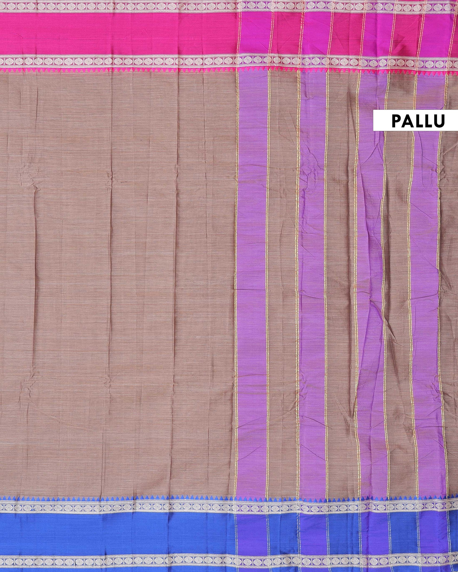 Traditional Narayanpet Handloom Cotton Saree with Contrast Temple Border Intricate Geometric Zari Motifs - Light Brown