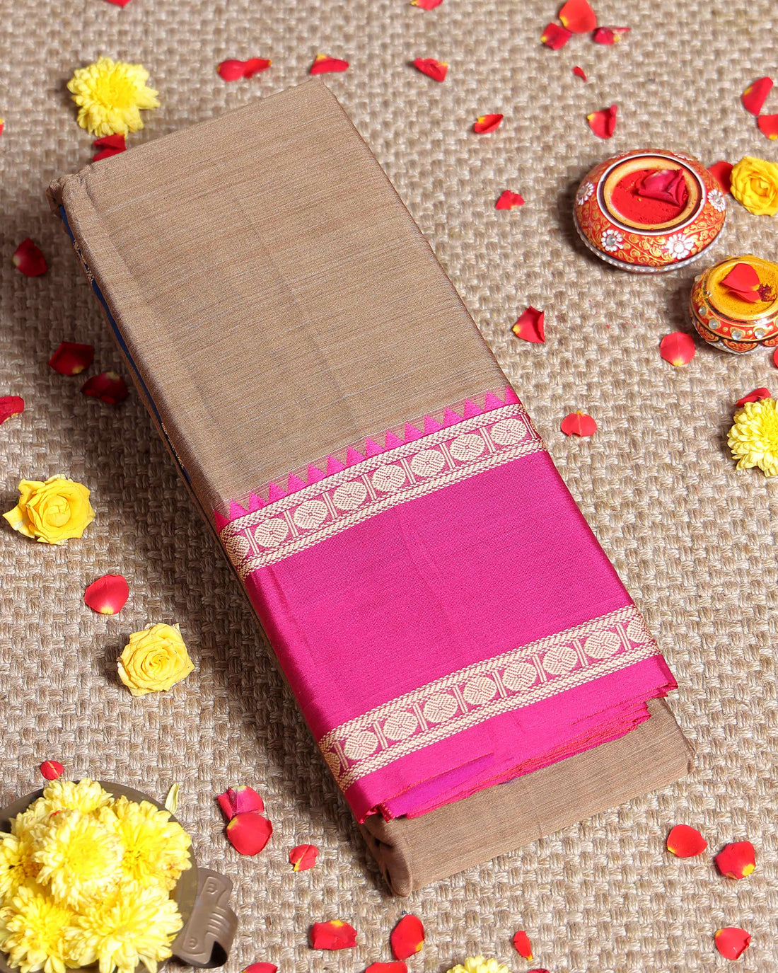 Traditional Narayanpet Handloom Cotton Saree with Contrast Temple Border Intricate Geometric Zari Motifs - Light Brown