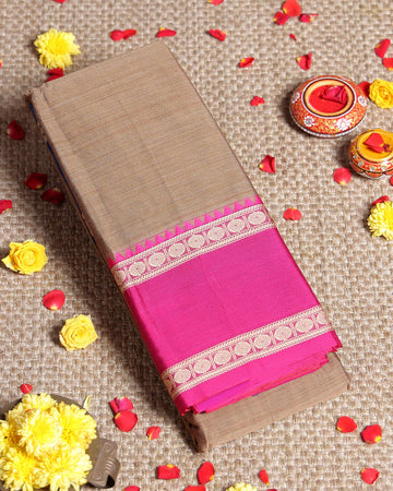 Traditional Narayanpet Handloom Cotton Saree with Contrast Temple Border Intricate Geometric Zari Motifs - Light Brown