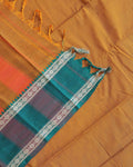 Traditional Narayanpet Handloom Cotton Saree with Contrast Temple Border Intricate Geometric Zari Motifs - Mustard