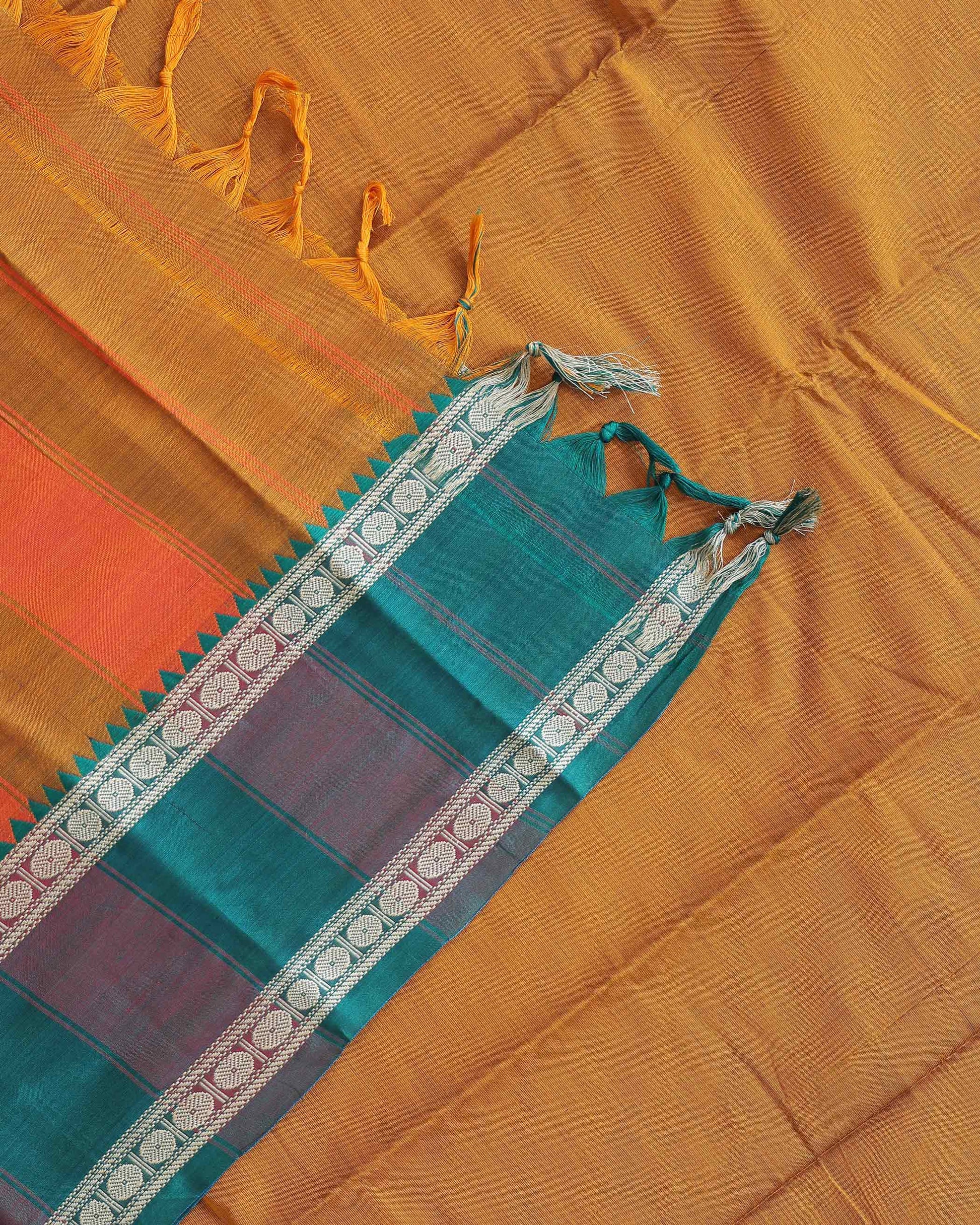 Traditional Narayanpet Handloom Cotton Saree with Contrast Temple Border Intricate Geometric Zari Motifs - Mustard