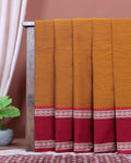 Traditional Narayanpet Handloom Cotton Saree with Contrast Temple Border Intricate Geometric Zari Motifs - Mustard