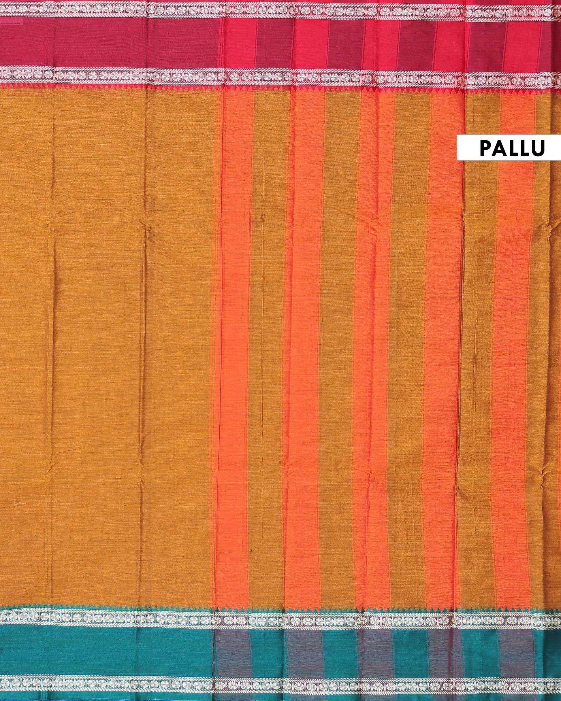 Traditional Narayanpet Handloom Cotton Saree with Contrast Temple Border Intricate Geometric Zari Motifs - Mustard