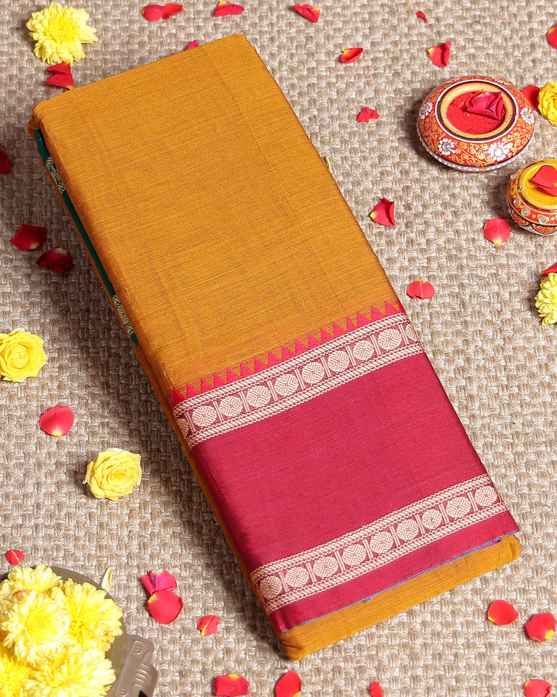 Traditional Narayanpet Handloom Cotton Saree with Contrast Temple Border Intricate Geometric Zari Motifs - Mustard