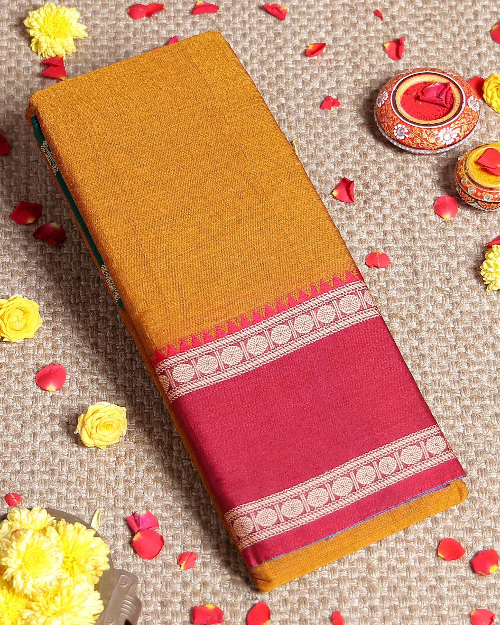 Traditional Narayanpet Handloom Cotton Saree with Contrast Temple Border Intricate Geometric Zari Motifs - Mustard