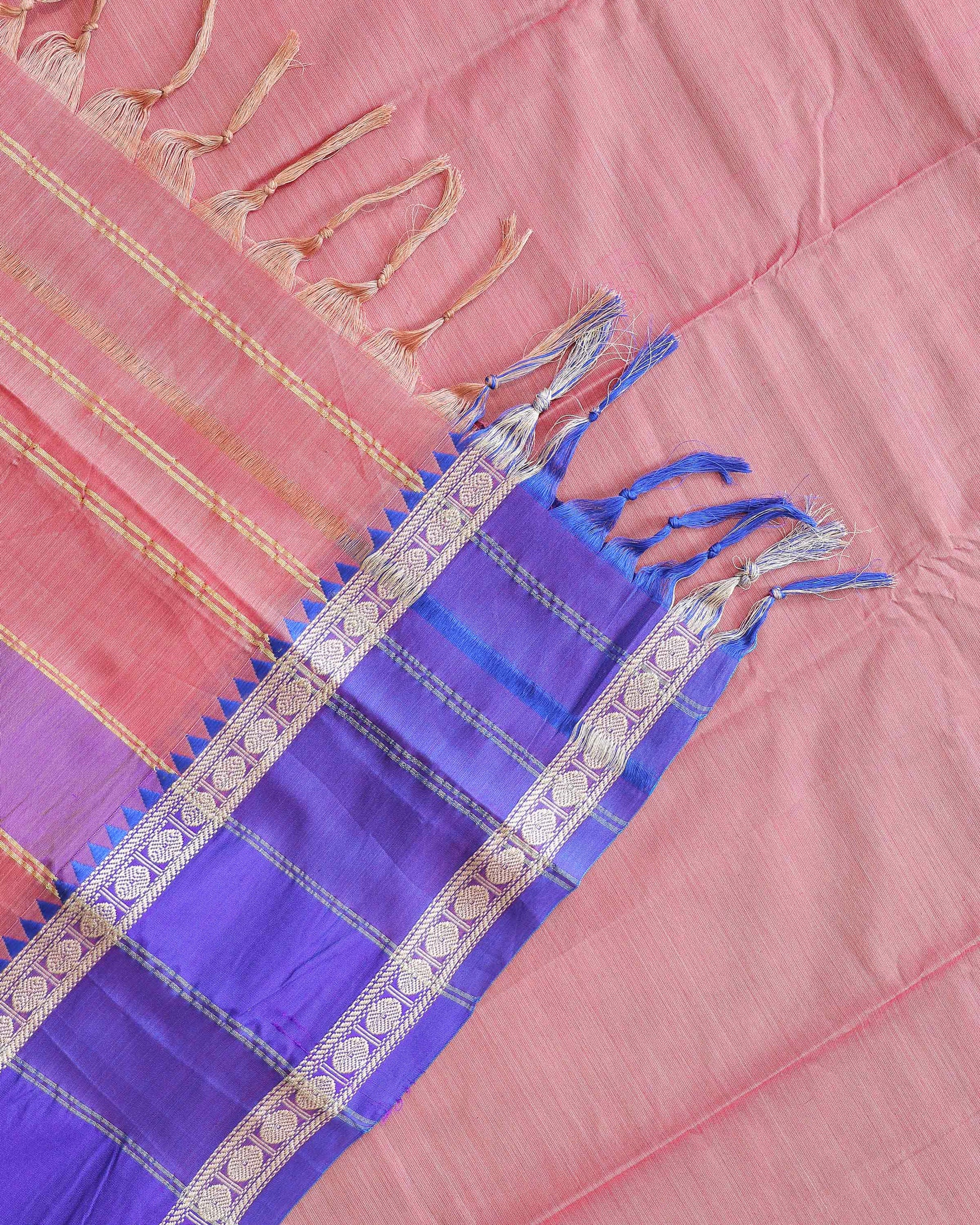 Traditional Narayanpet Handloom Cotton Saree with Contrast Temple Border Intricate Geometric Zari Motifs - Peach