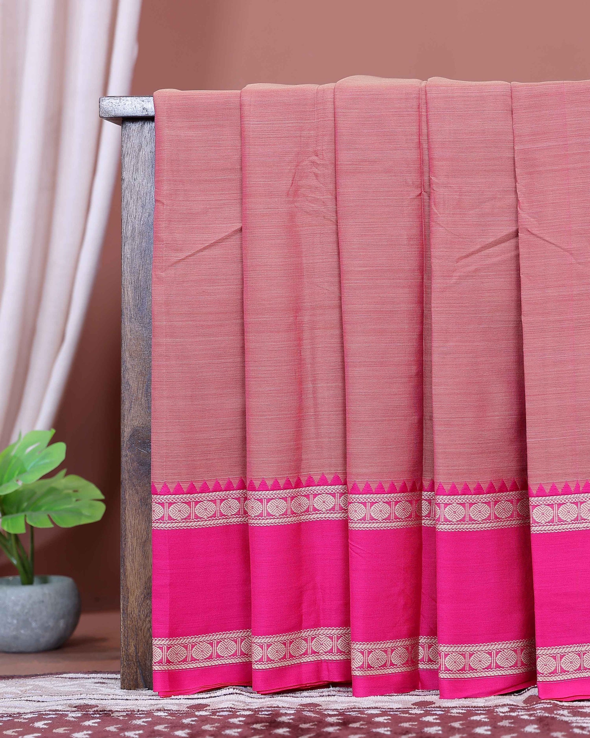 Traditional Narayanpet Handloom Cotton Saree with Contrast Temple Border Intricate Geometric Zari Motifs - Peach
