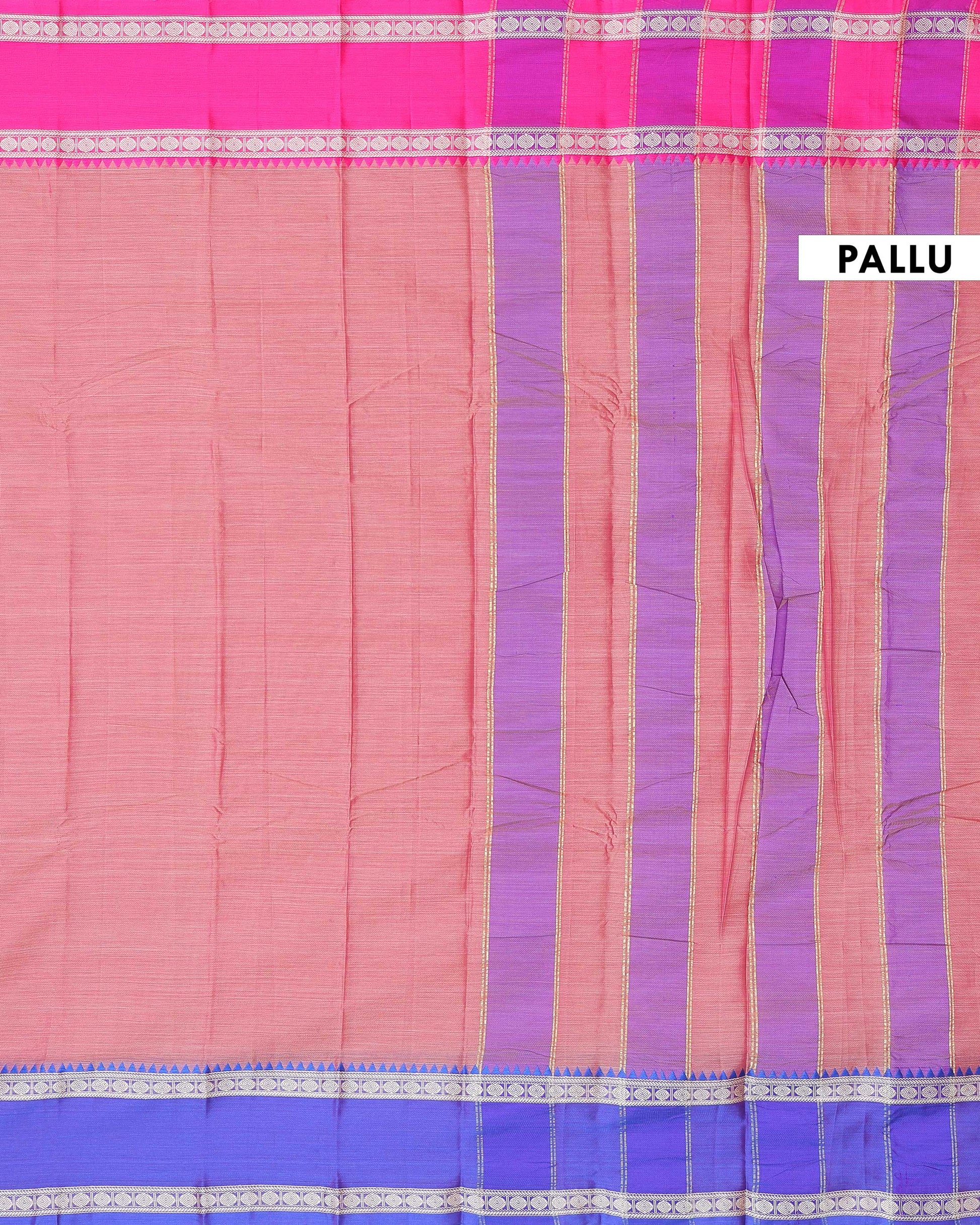 Traditional Narayanpet Handloom Cotton Saree with Contrast Temple Border Intricate Geometric Zari Motifs - Peach