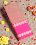 Traditional Narayanpet Handloom Cotton Saree with Contrast Temple Border Intricate Geometric Zari Motifs - Peach