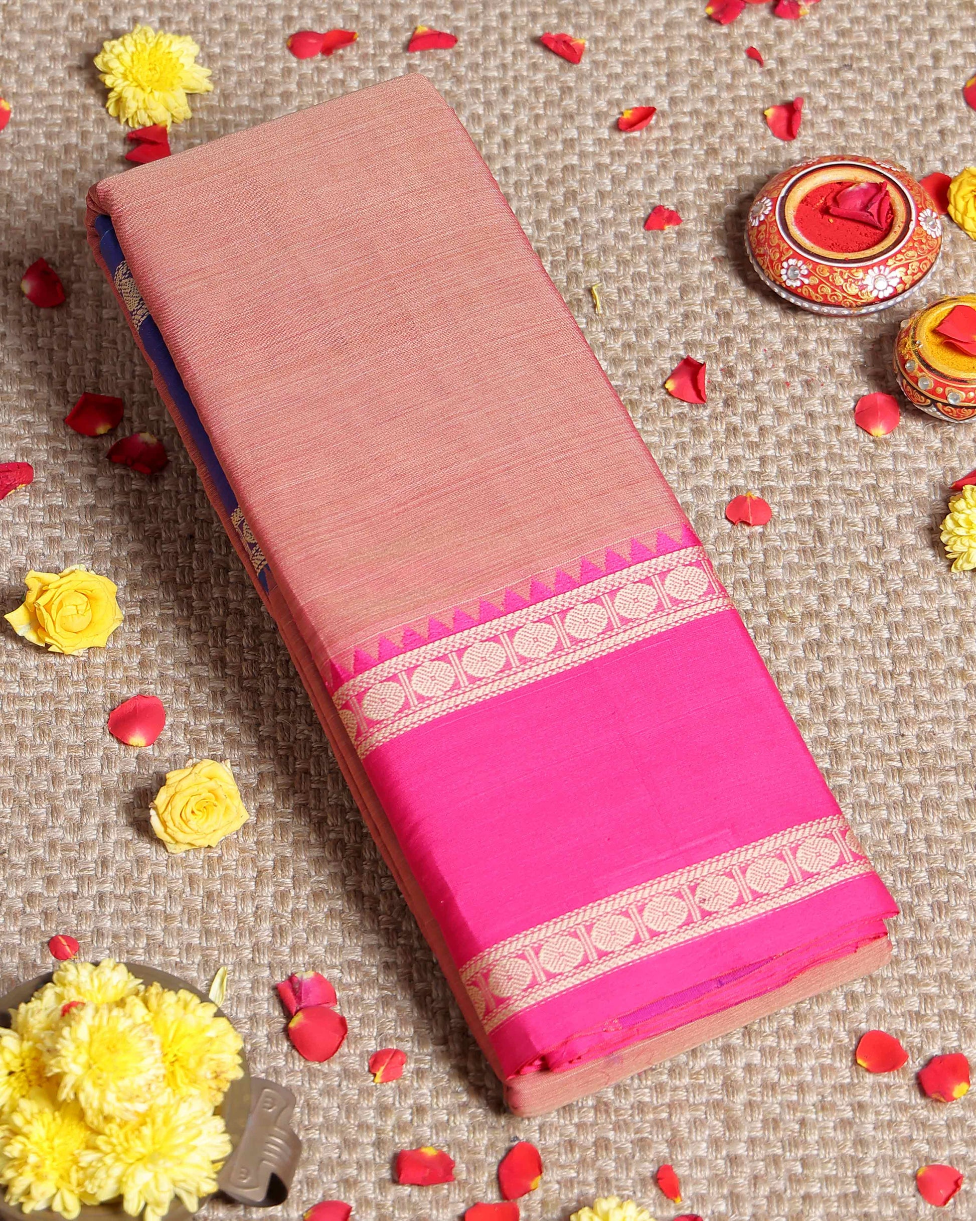 Traditional Narayanpet Handloom Cotton Saree with Contrast Temple Border Intricate Geometric Zari Motifs - Peach