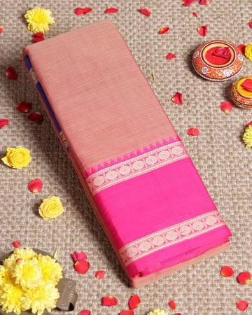 Traditional Narayanpet Handloom Cotton Saree with Contrast Temple Border Intricate Geometric Zari Motifs - Peach
