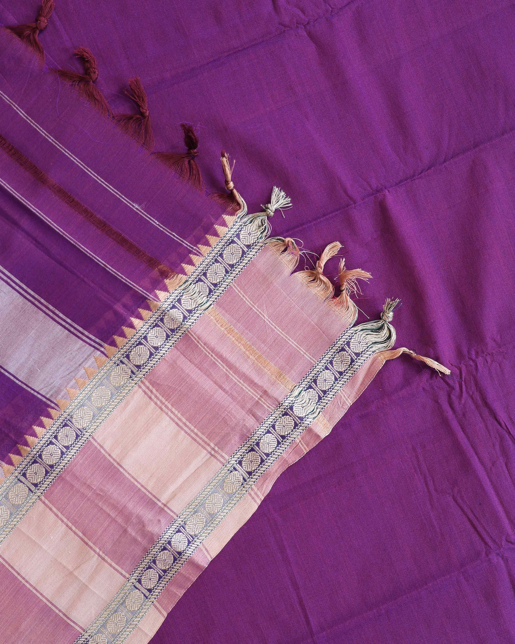 Traditional Narayanpet Handloom Cotton Saree with Contrast Temple Border Intricate Geometric Zari Motifs - Purple