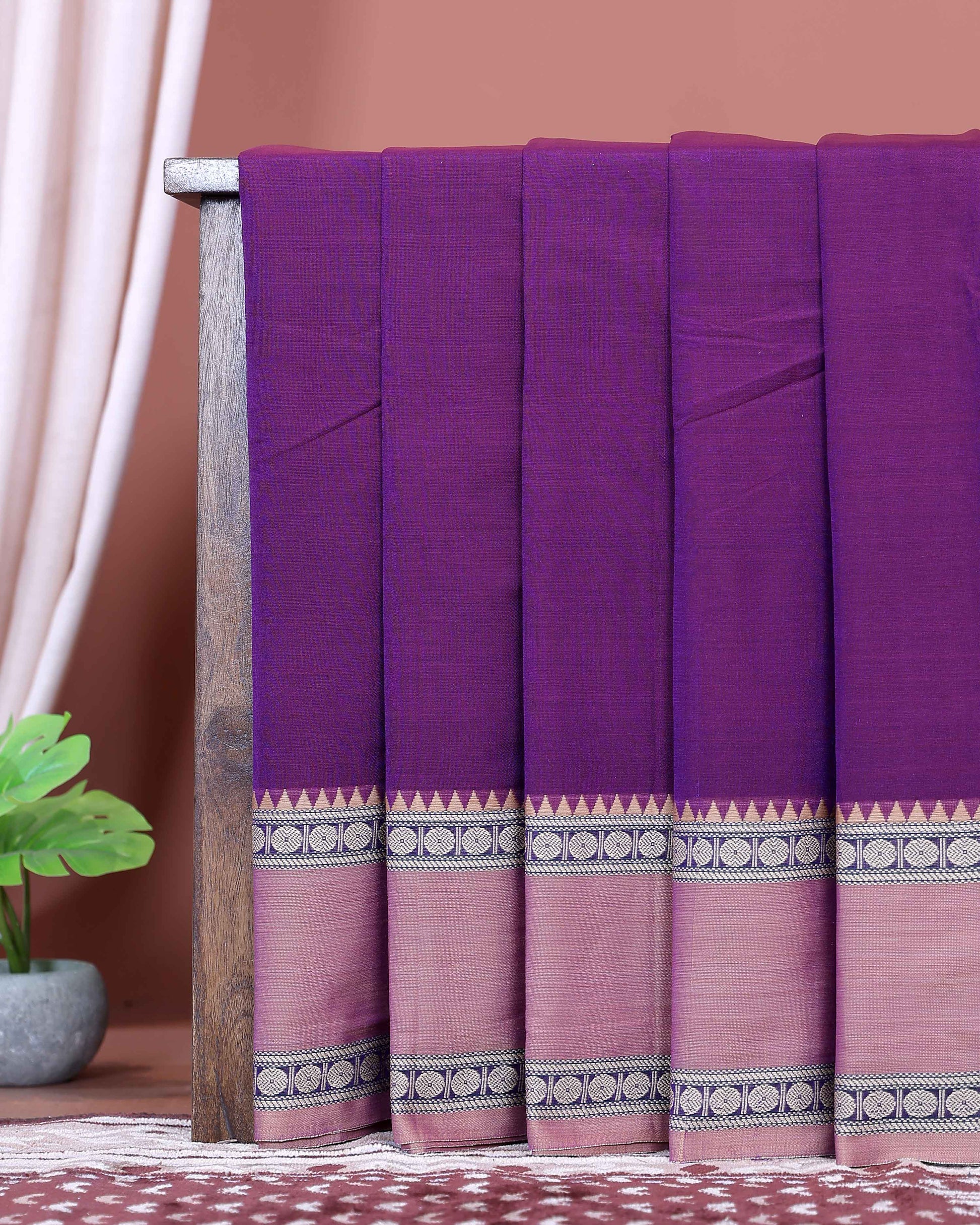Traditional Narayanpet Handloom Cotton Saree with Contrast Temple Border Intricate Geometric Zari Motifs - Purple