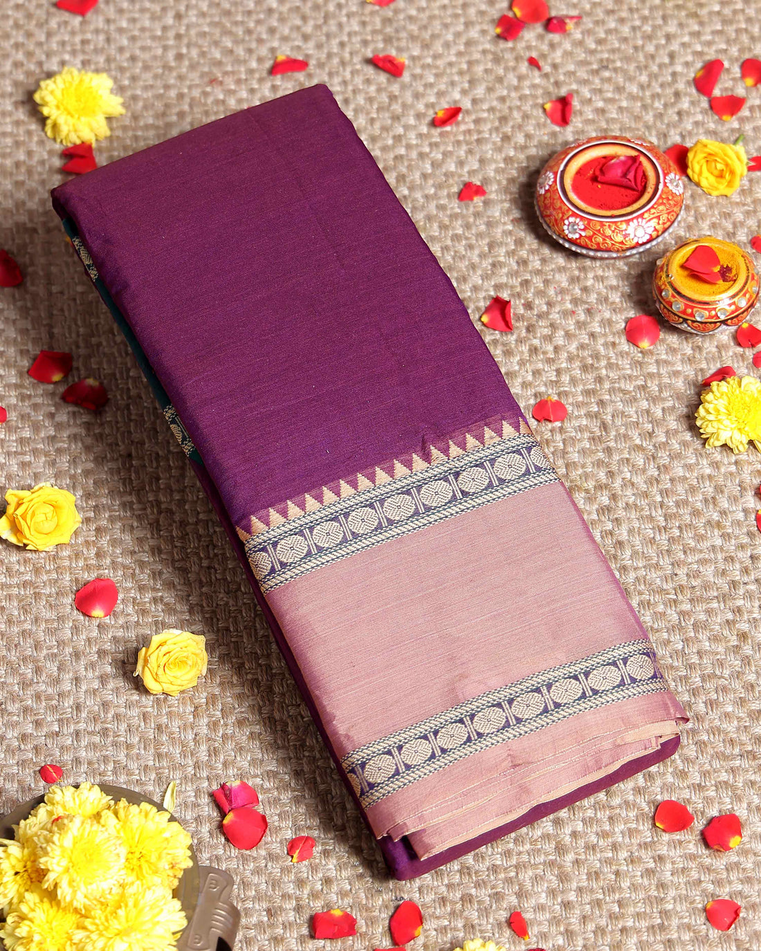 Traditional Narayanpet Handloom Cotton Saree with Contrast Temple Border Intricate Geometric Zari Motifs - Purple