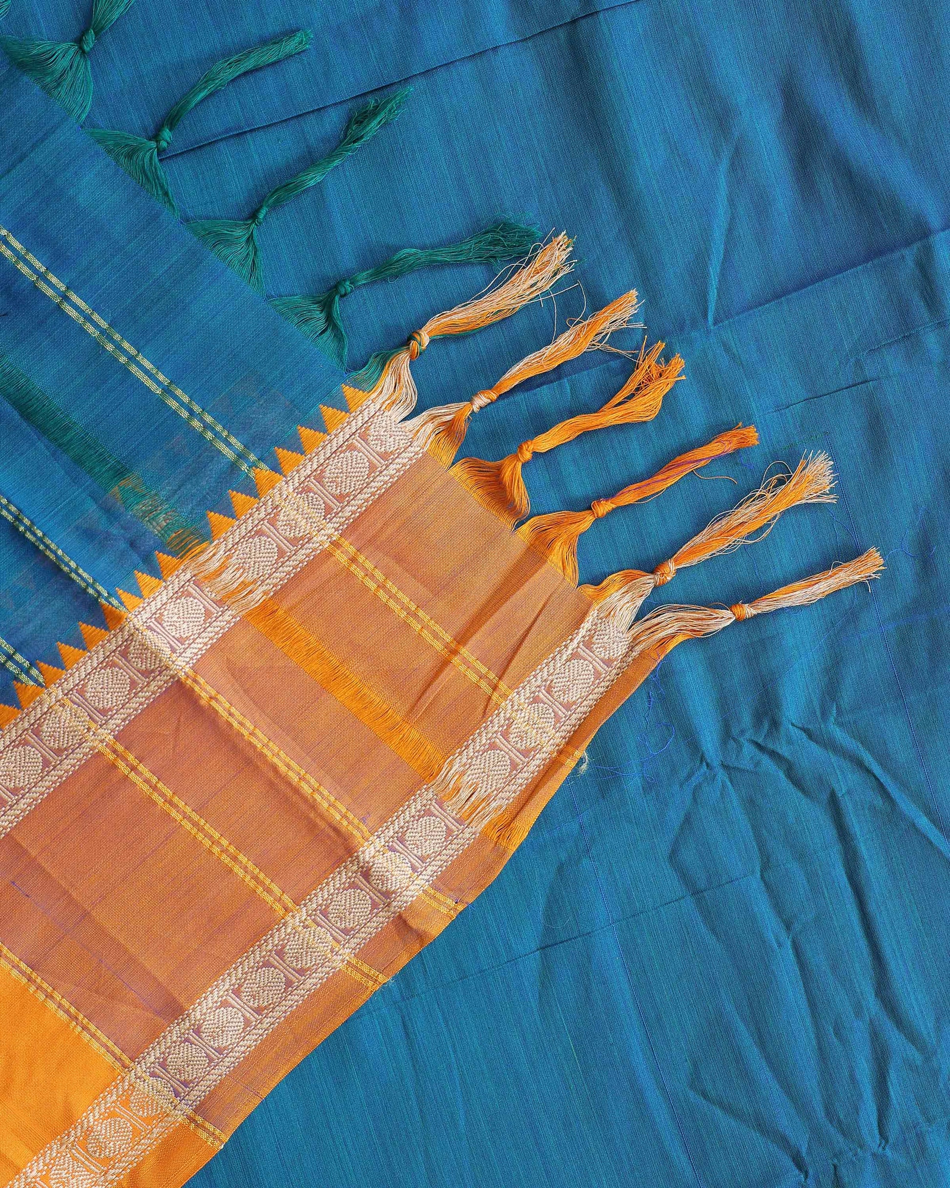 Traditional Narayanpet Handloom Cotton Saree with Contrast Temple Border Intricate Geometric Zari Motifs - Teal