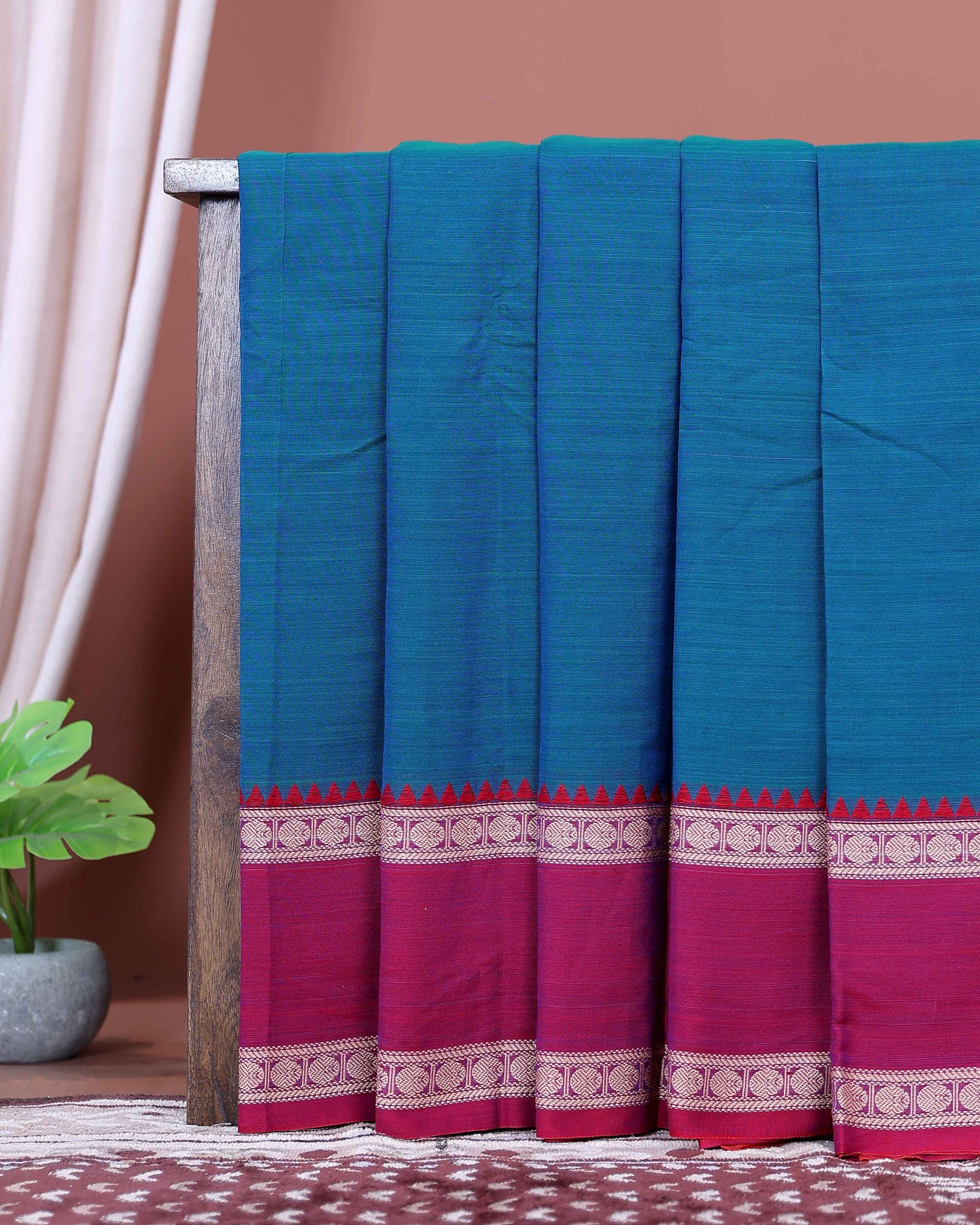 Traditional Narayanpet Handloom Cotton Saree with Contrast Temple Border Intricate Geometric Zari Motifs - Teal