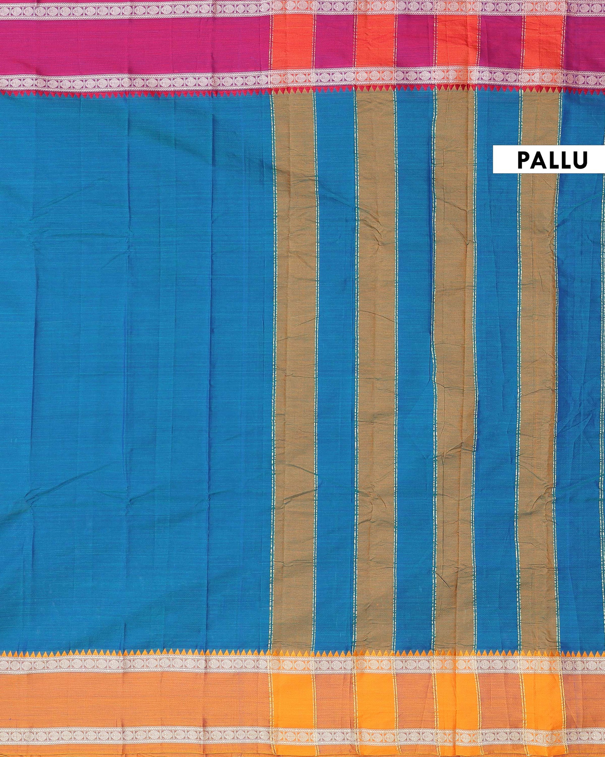 Traditional Narayanpet Handloom Cotton Saree with Contrast Temple Border Intricate Geometric Zari Motifs - Teal