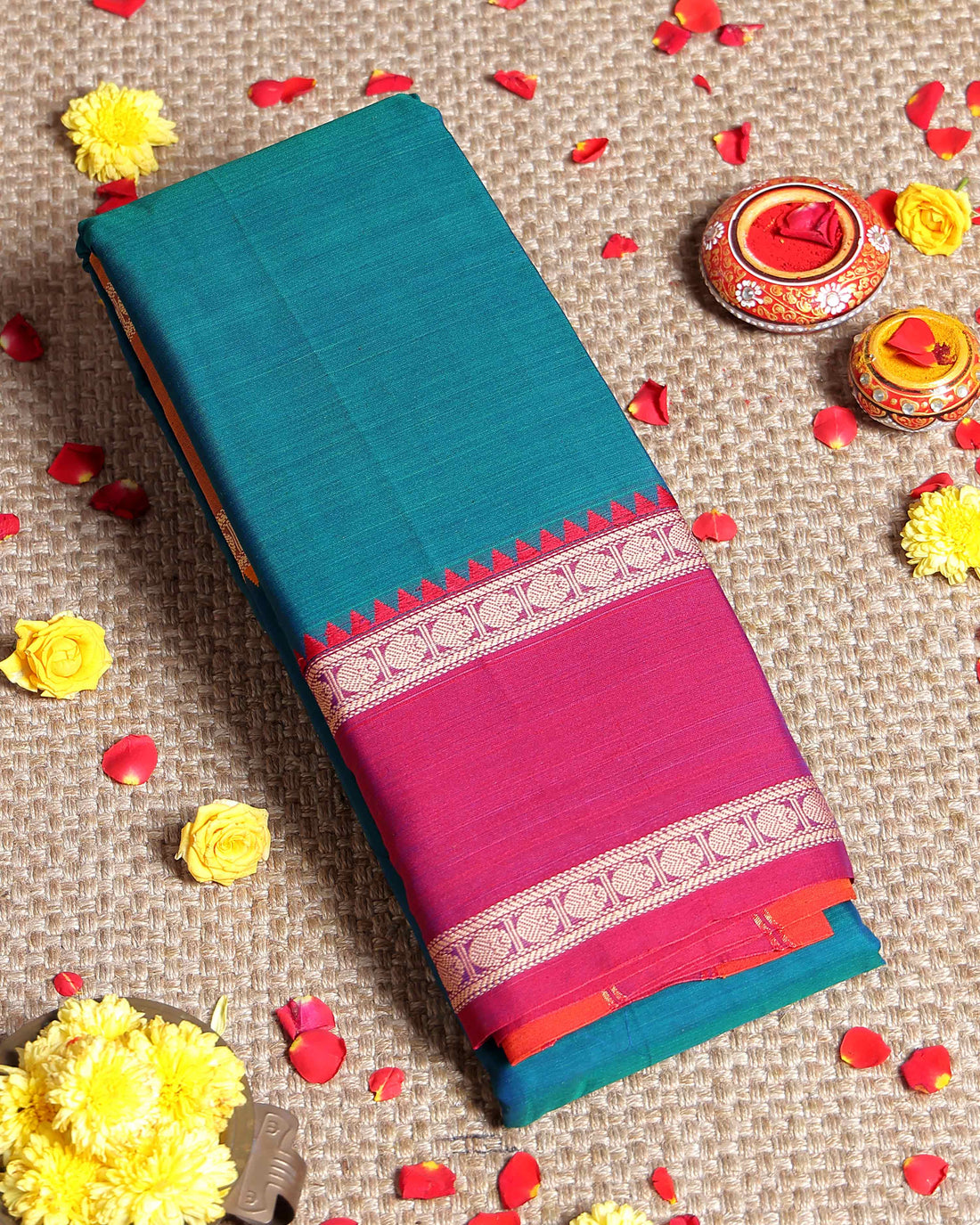 Traditional Narayanpet Handloom Cotton Saree with Contrast Temple Border Intricate Geometric Zari Motifs - Teal