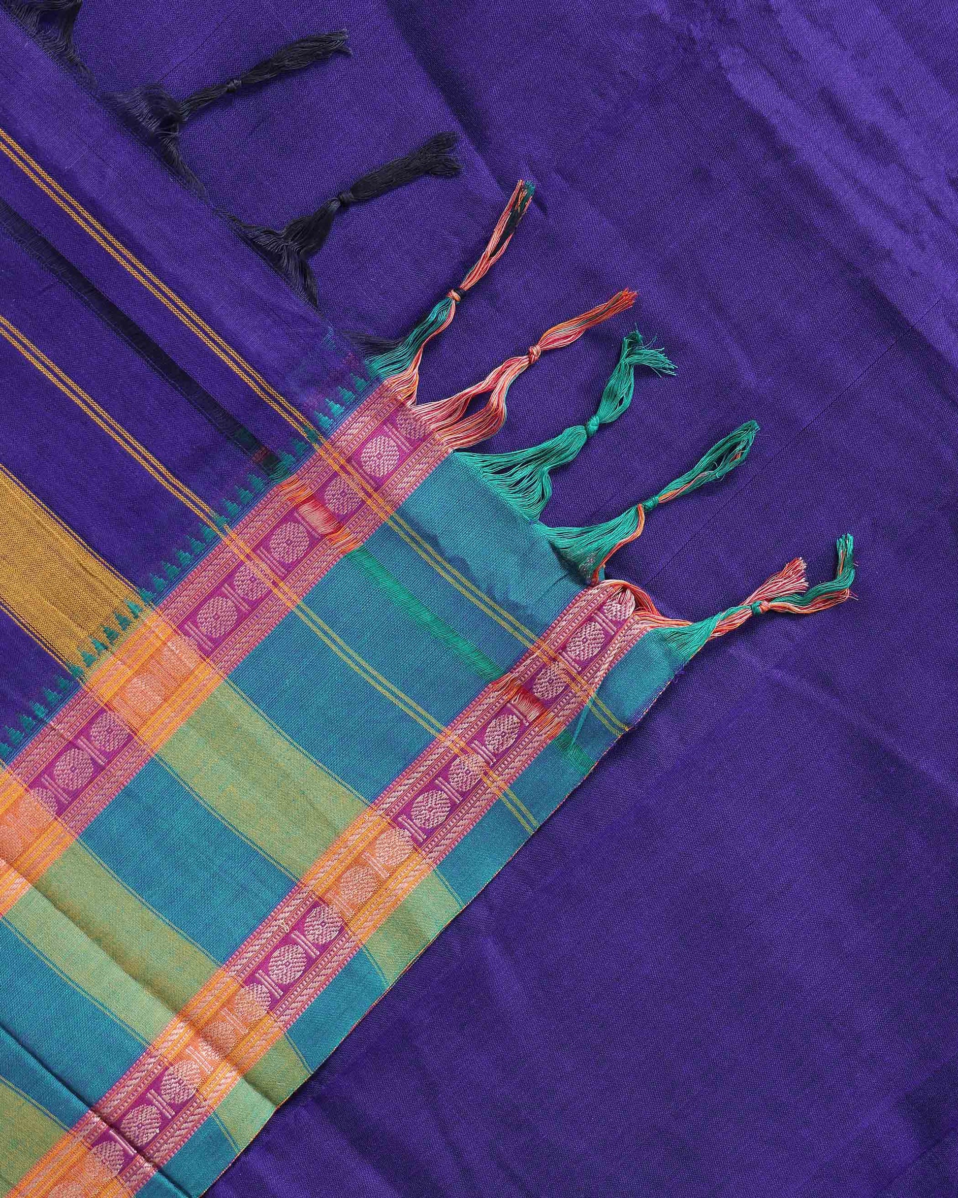 Traditional Narayanpet Handloom Cotton Saree with Contrast Temple Zari Borders & Intricate Woven Motifs - Purple