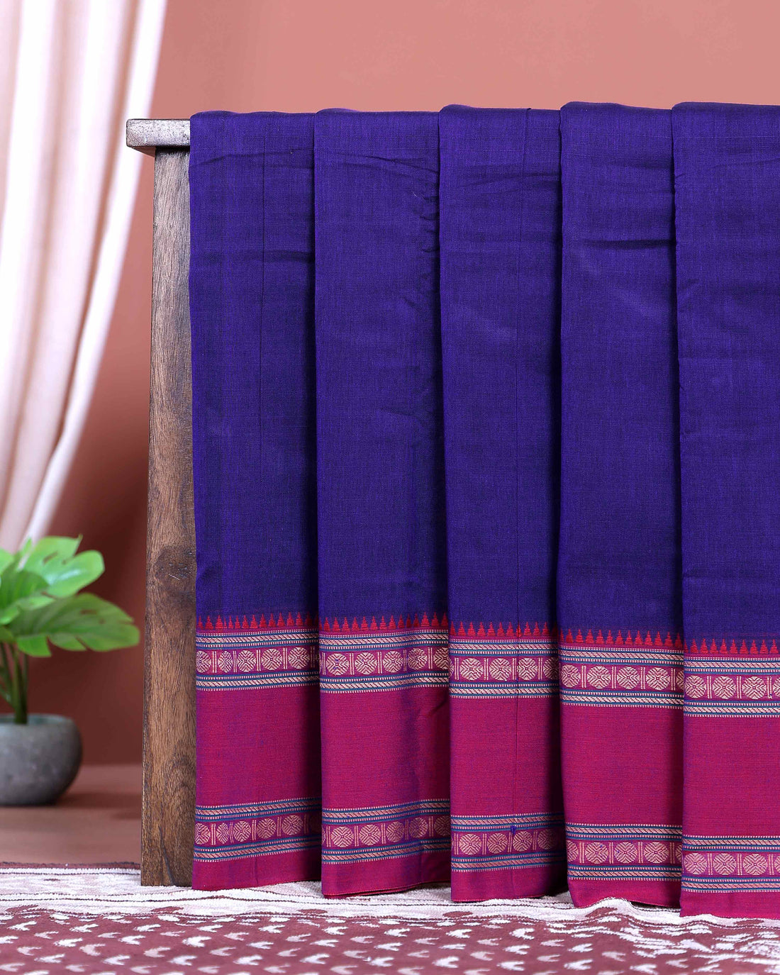 Traditional Narayanpet Handloom Cotton Saree with Contrast Temple Zari Borders & Intricate Woven Motifs - Purple