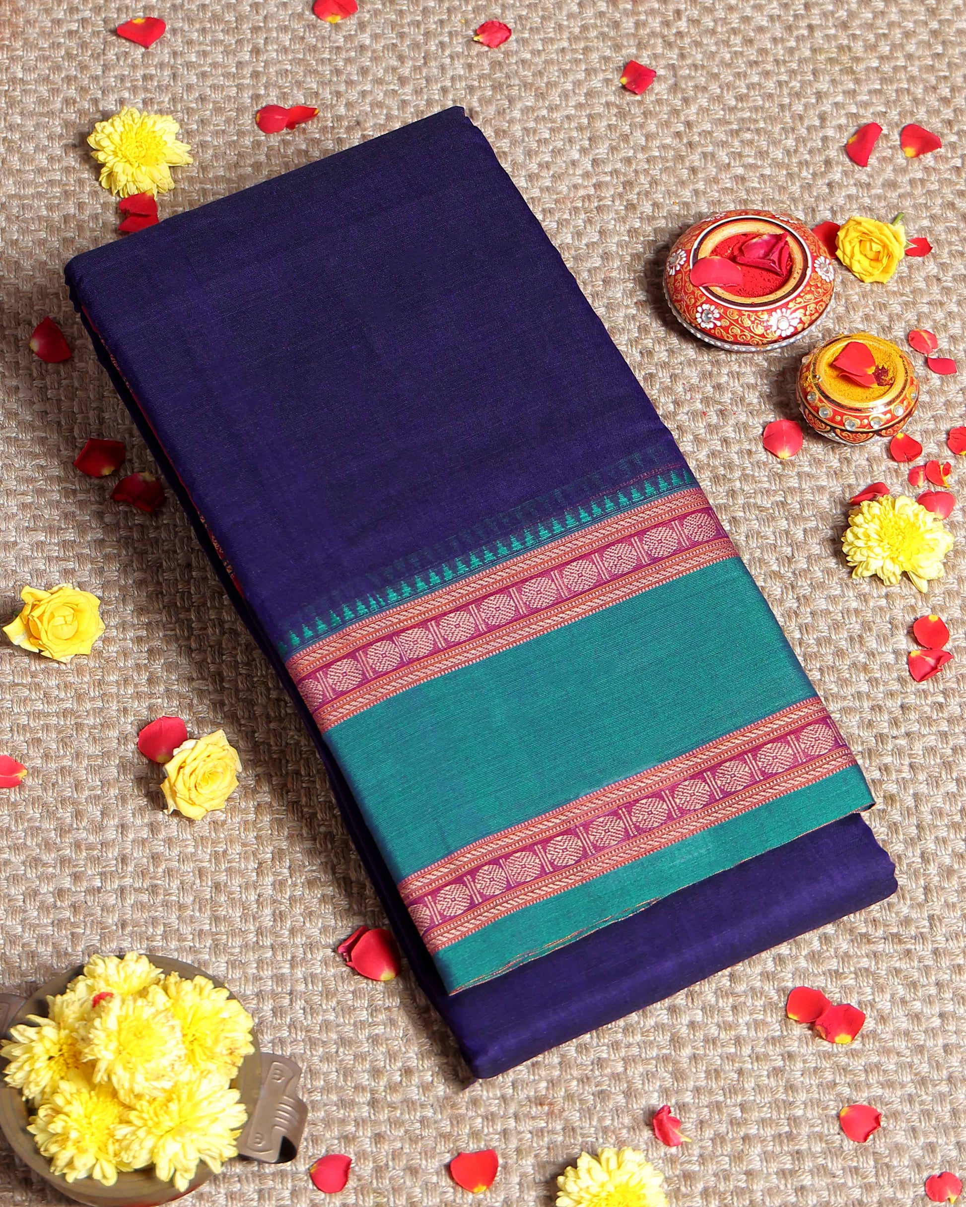 Traditional Narayanpet Handloom Cotton Saree with Contrast Temple Zari Borders & Intricate Woven Motifs - Purple