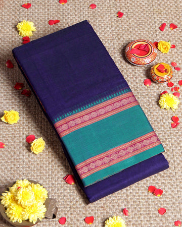 Traditional Narayanpet Handloom Cotton Saree with Contrast Temple Zari Borders & Intricate Woven Motifs - Purple