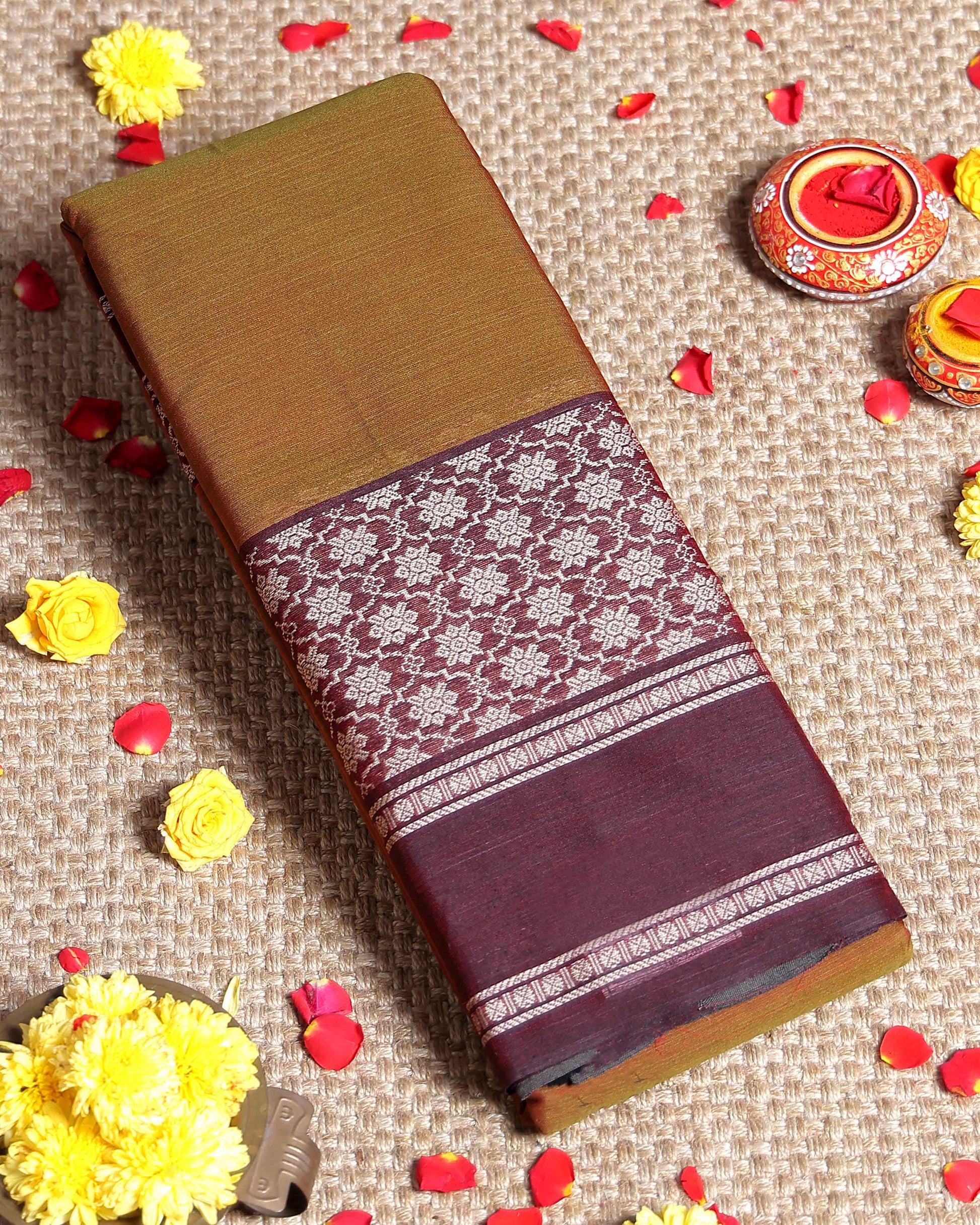 Traditional Narayanpet Handloom Cotton Saree with Intricate Zari Woven Contrast Border and Ethnic Motifs - Brown