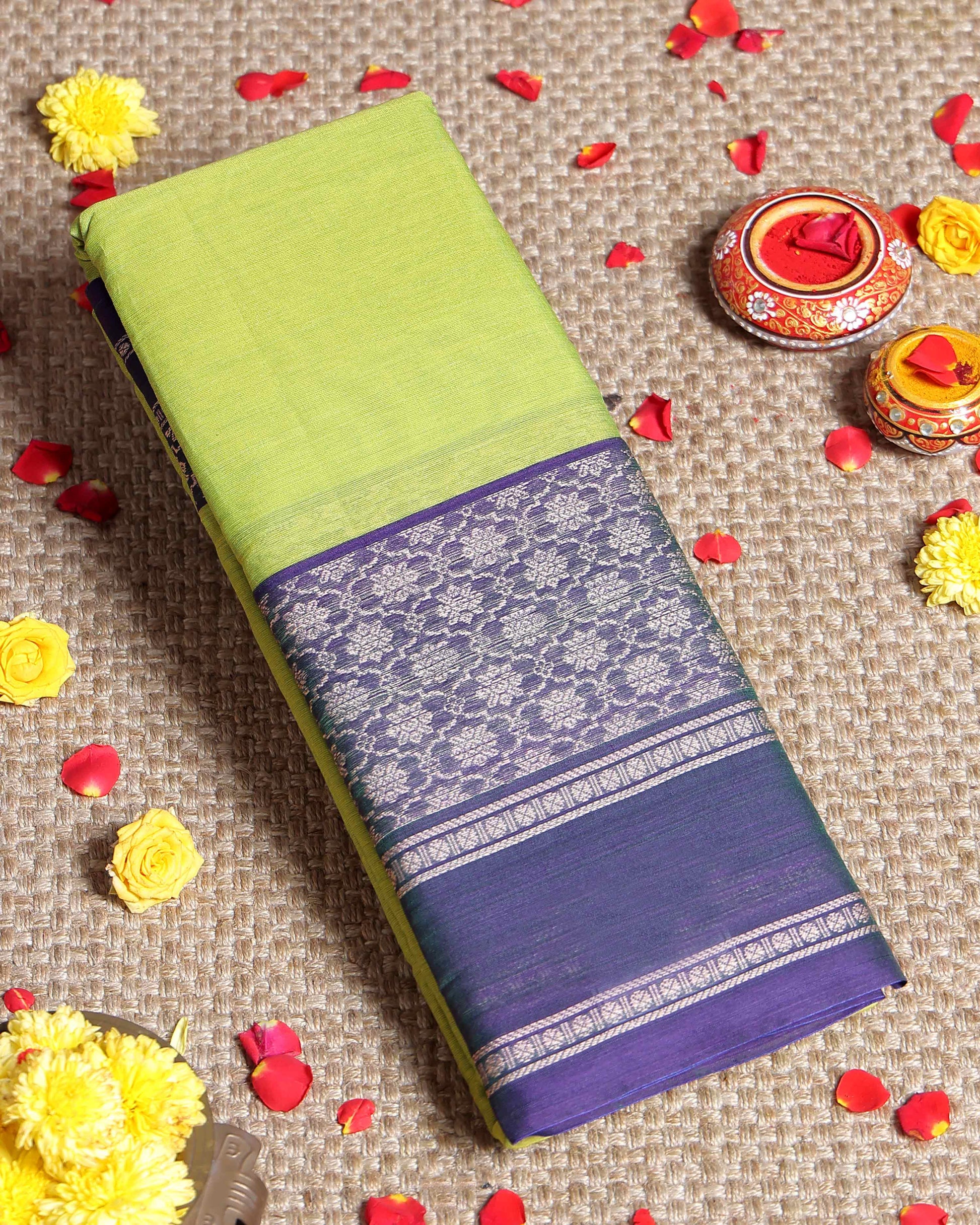 Traditional Narayanpet Handloom Cotton Saree with Intricate Zari Woven Contrast Border and Ethnic Motifs - Green