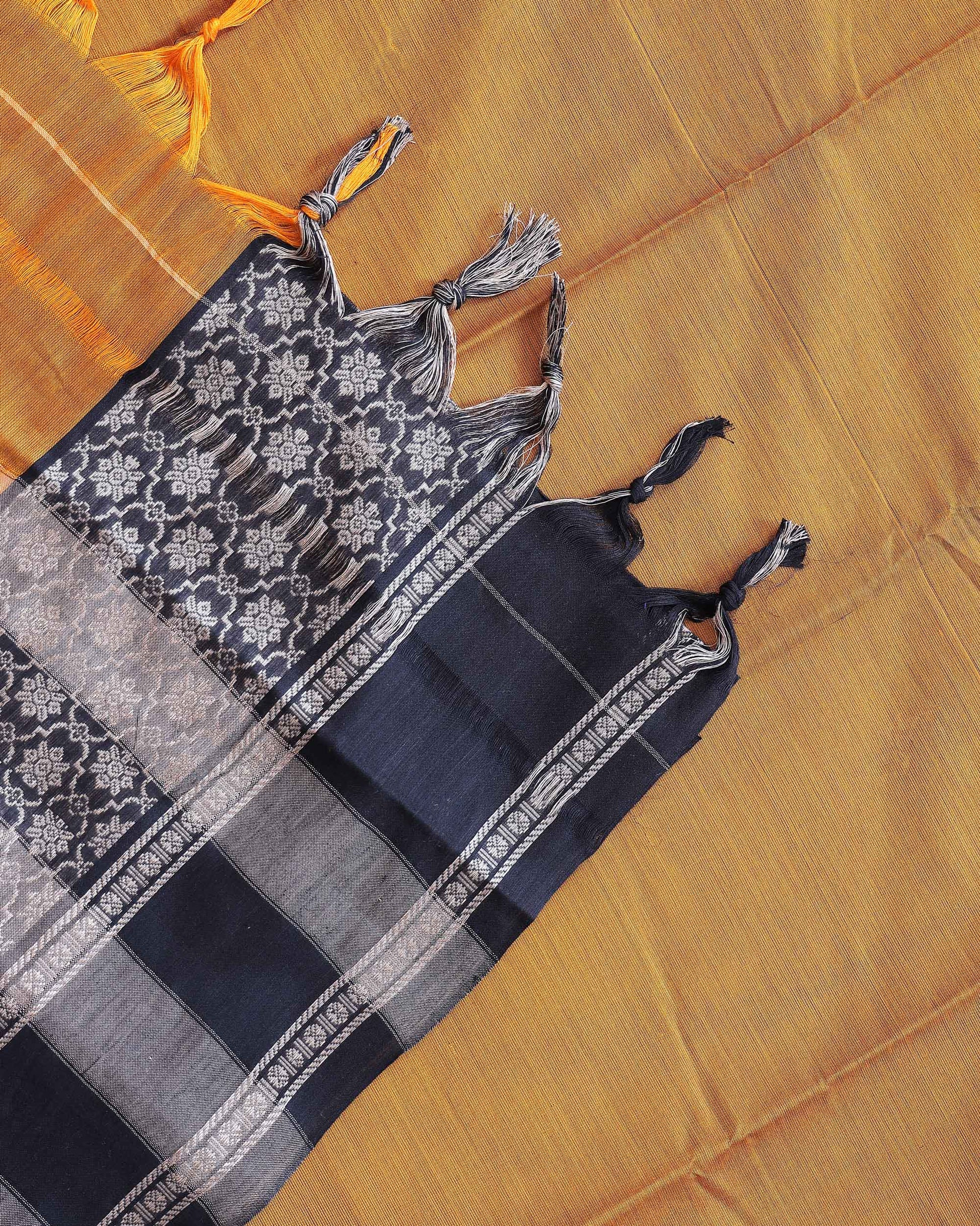 Traditional Narayanpet Handloom Cotton Saree with Intricate Zari Woven Contrast Border and Ethnic Motifs - Mustard