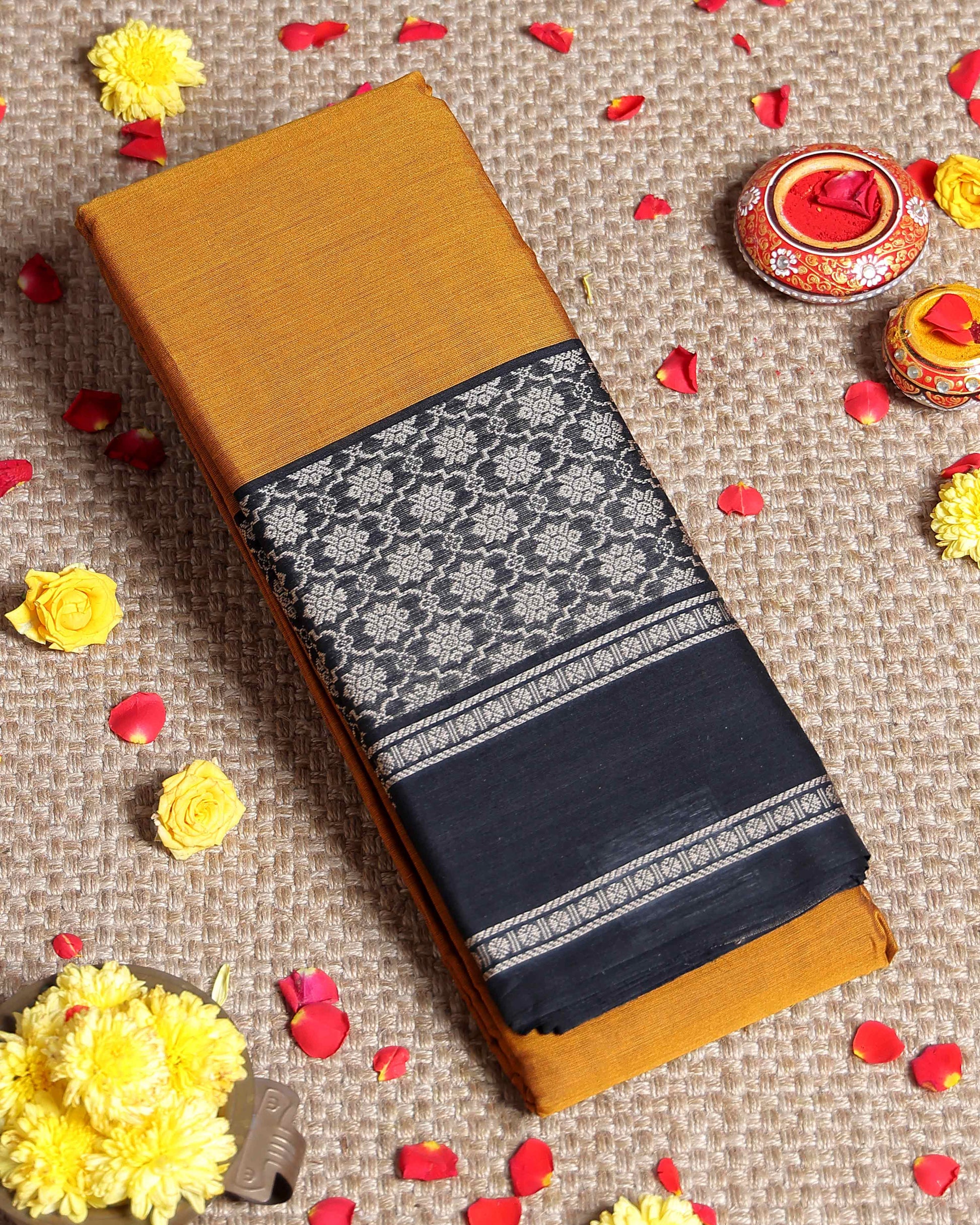 Traditional Narayanpet Handloom Cotton Saree with Intricate Zari Woven Contrast Border and Ethnic Motifs - Mustard