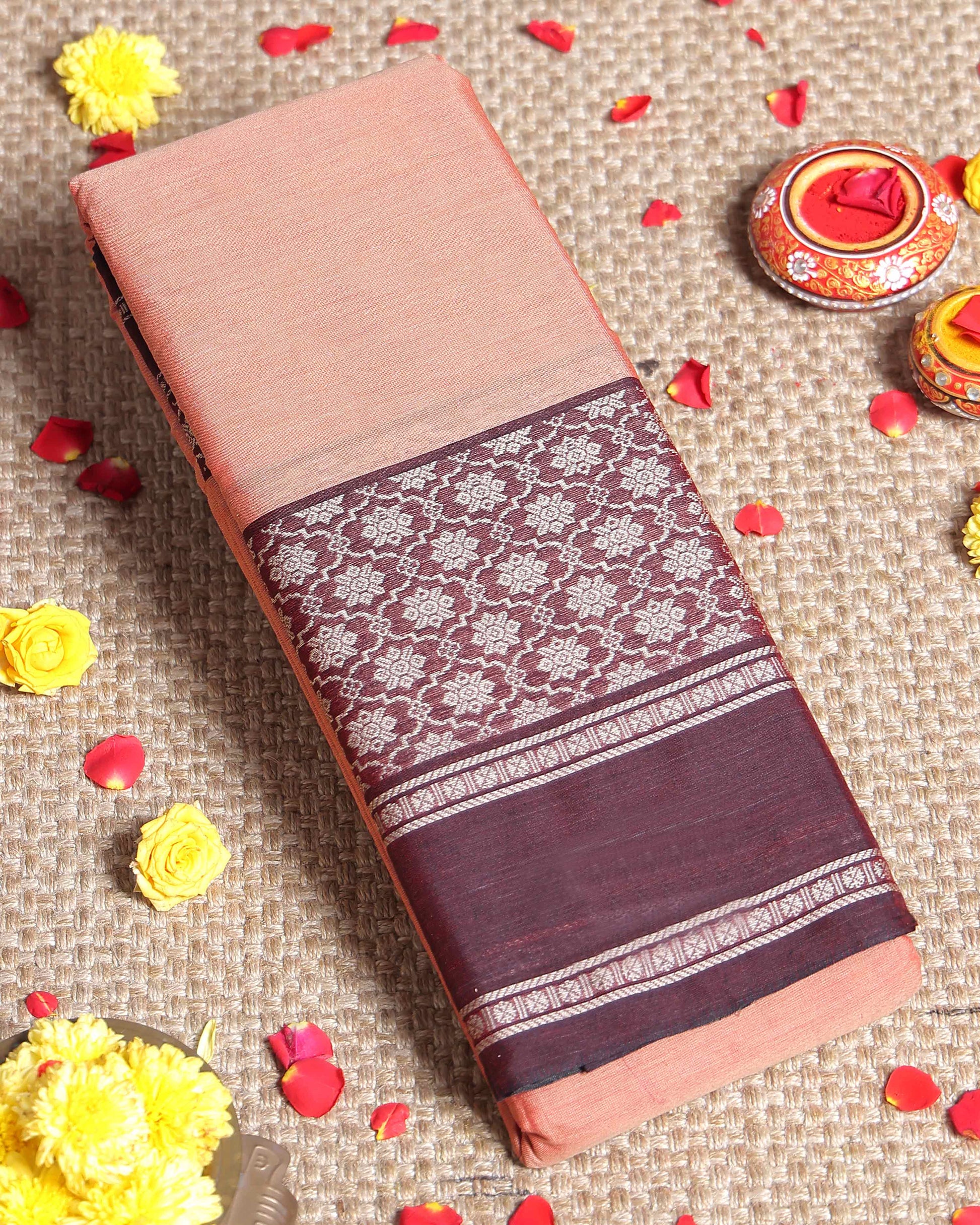 Traditional Narayanpet Handloom Cotton Saree with Intricate Zari Woven Contrast Border and Ethnic Motifs - Peach