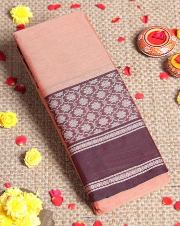 Traditional Narayanpet Handloom Cotton Saree with Intricate Zari Woven Contrast Border and Ethnic Motifs - Peach