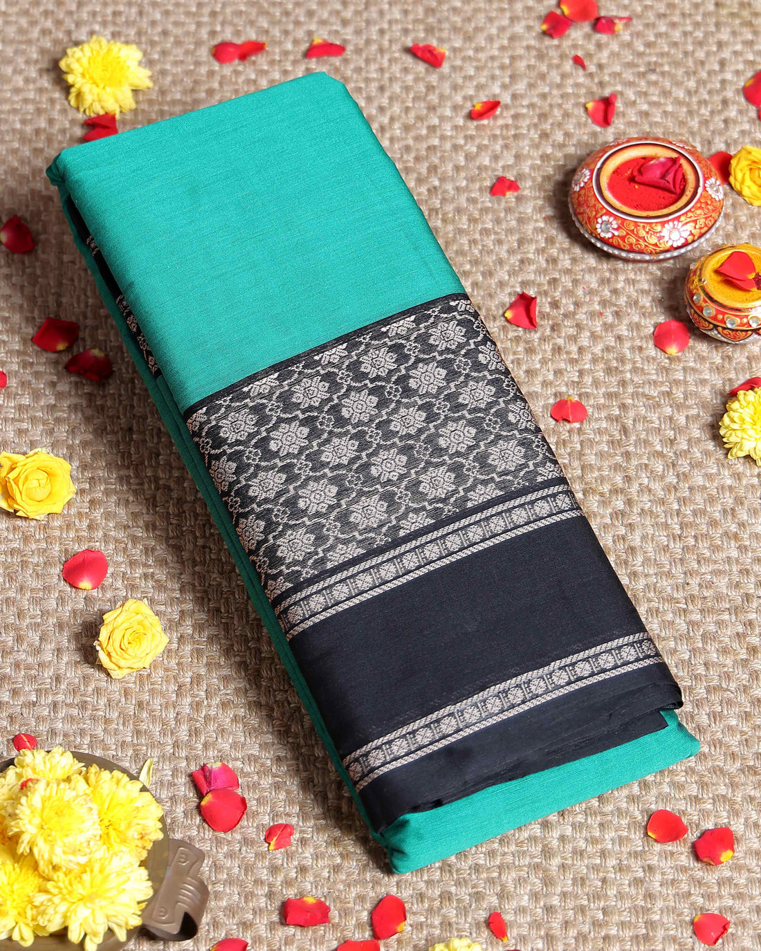 Traditional Narayanpet Handloom Cotton Saree with Intricate Zari Woven Contrast Border and Ethnic Motifs - Turquoise Green