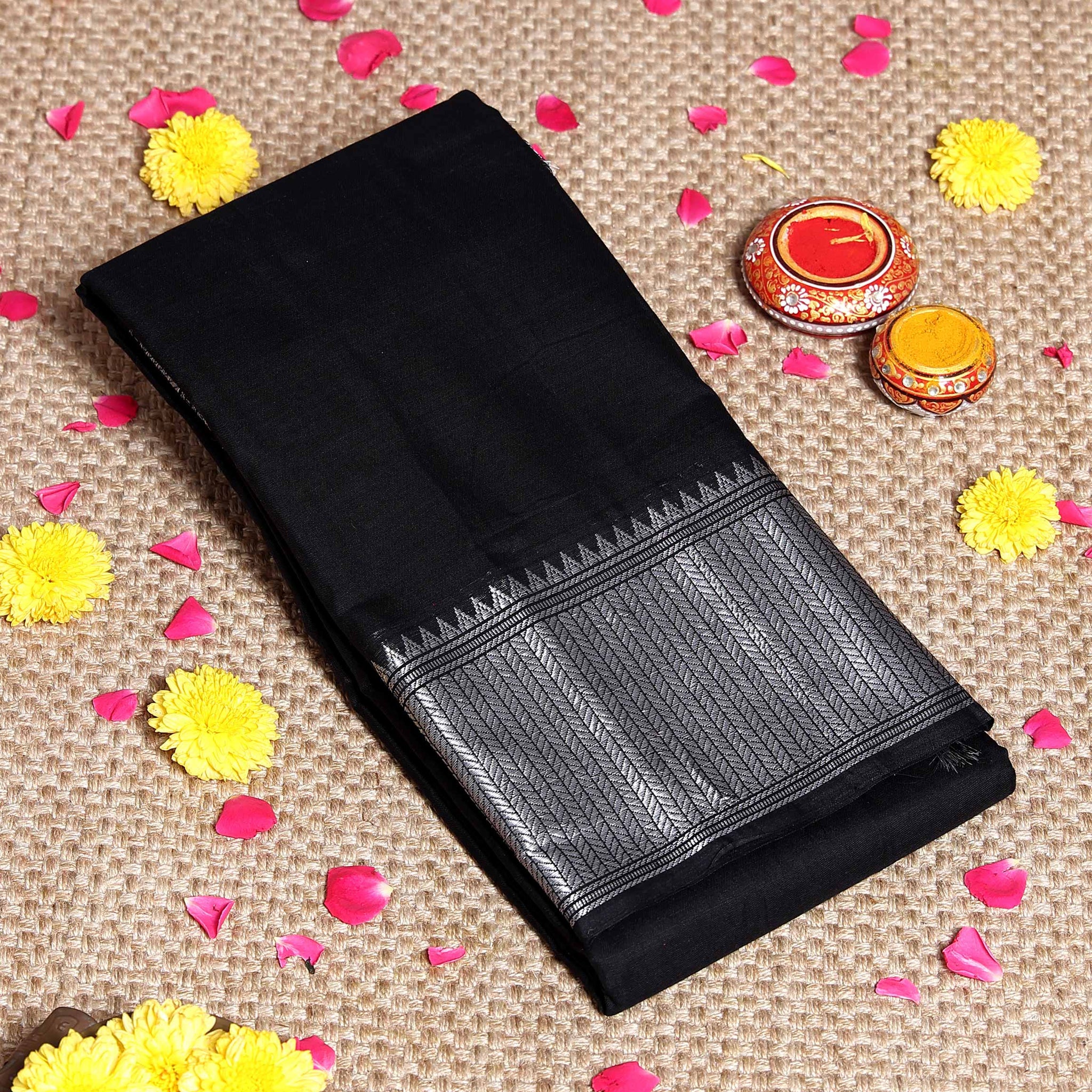 Traditional Narayanpet Handloom Cotton Saree with Traditional Temple-Style Zari Border and Geometric Patterned Pallu - Black