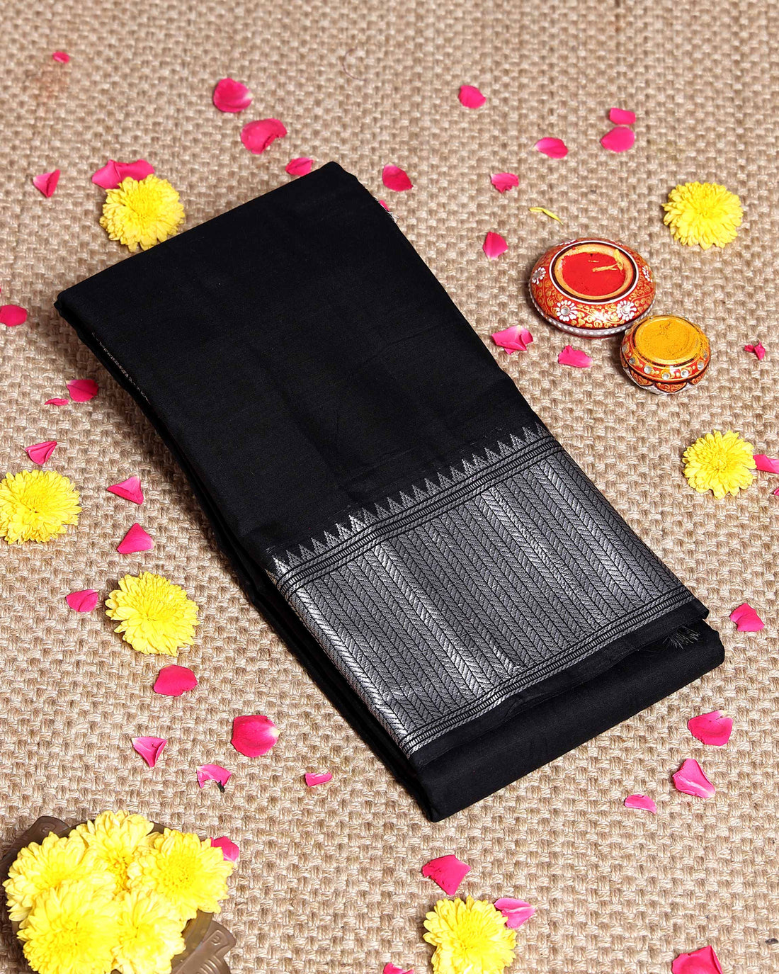 Traditional Narayanpet Handloom Cotton Saree with Traditional Temple-Style Zari Border and Geometric Patterned Pallu - Black