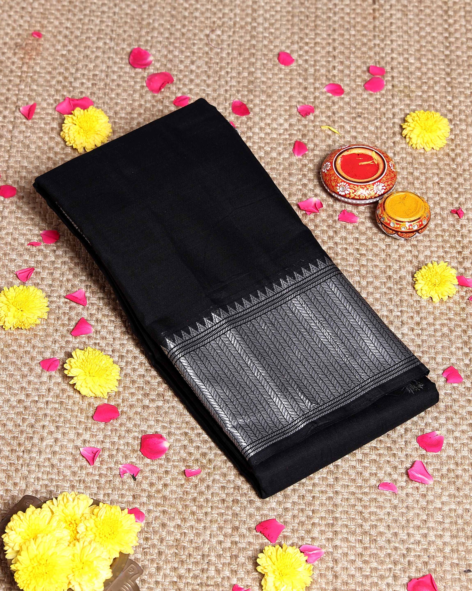 Traditional Narayanpet Handloom Cotton Saree with Traditional Temple-Style Zari Border and Geometric Patterned Pallu - Black