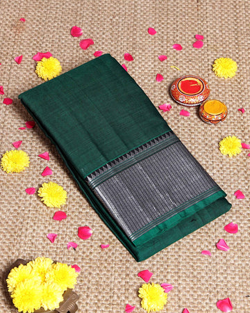 Traditional Narayanpet Handloom Cotton Saree with Traditional Temple-Style Zari Border and Geometric Patterned Pallu - Green