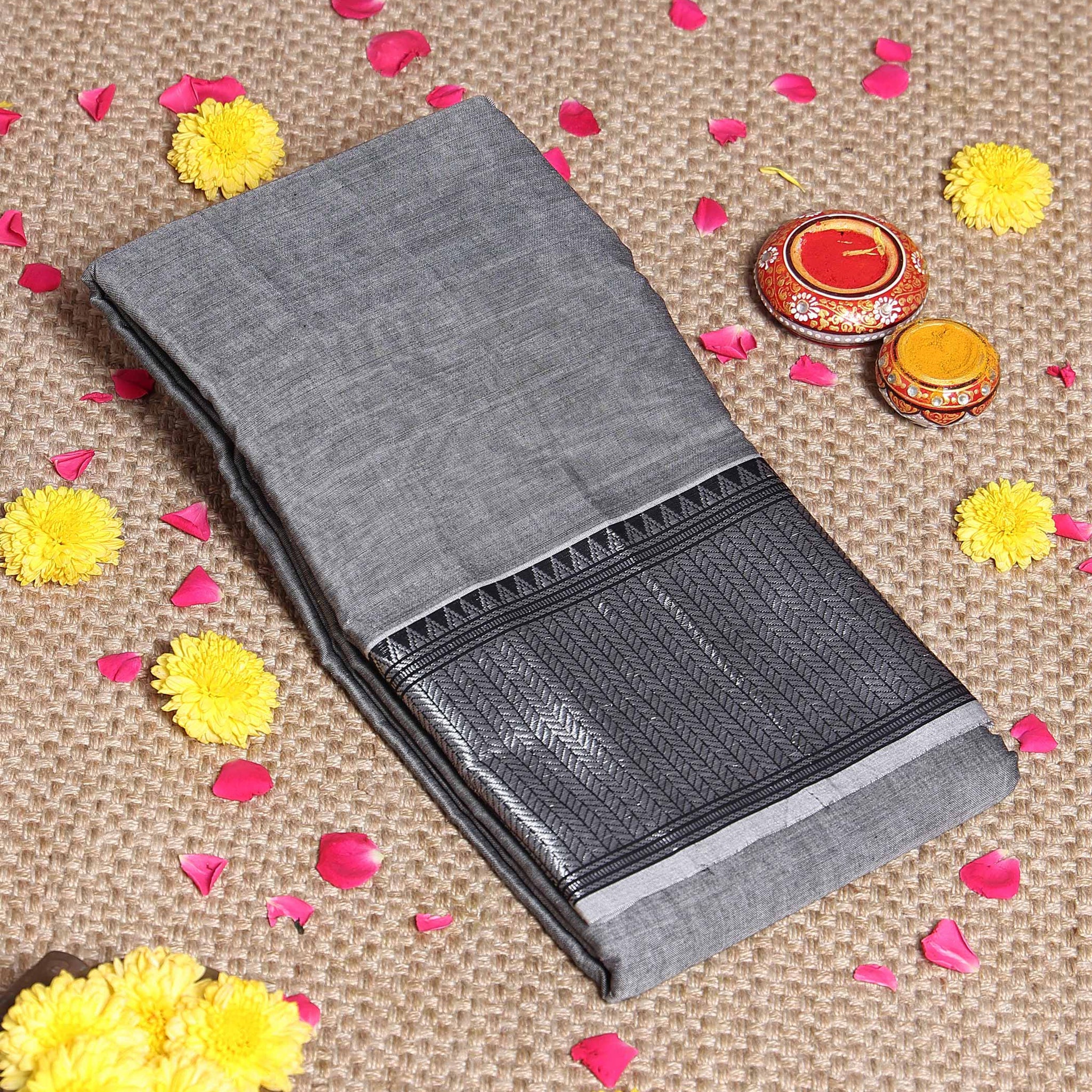 Traditional Narayanpet Handloom Cotton Saree with Traditional Temple-Style Zari Border and Geometric Patterned Pallu - Grey