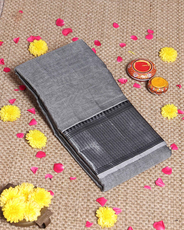 Traditional Narayanpet Handloom Cotton Saree with Traditional Temple-Style Zari Border and Geometric Patterned Pallu - Grey