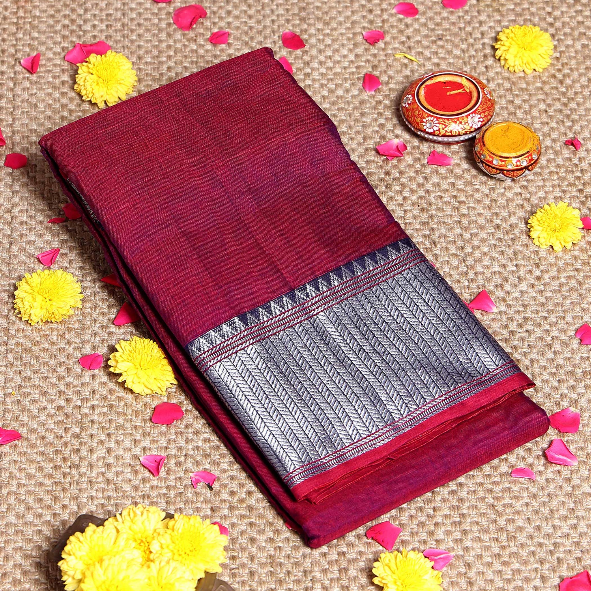 Traditional Narayanpet Handloom Cotton Saree with Traditional Temple-Style Zari Border and Geometric Patterned Pallu - Maroon