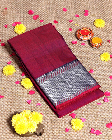 Traditional Narayanpet Handloom Cotton Saree with Traditional Temple-Style Zari Border and Geometric Patterned Pallu - Maroon