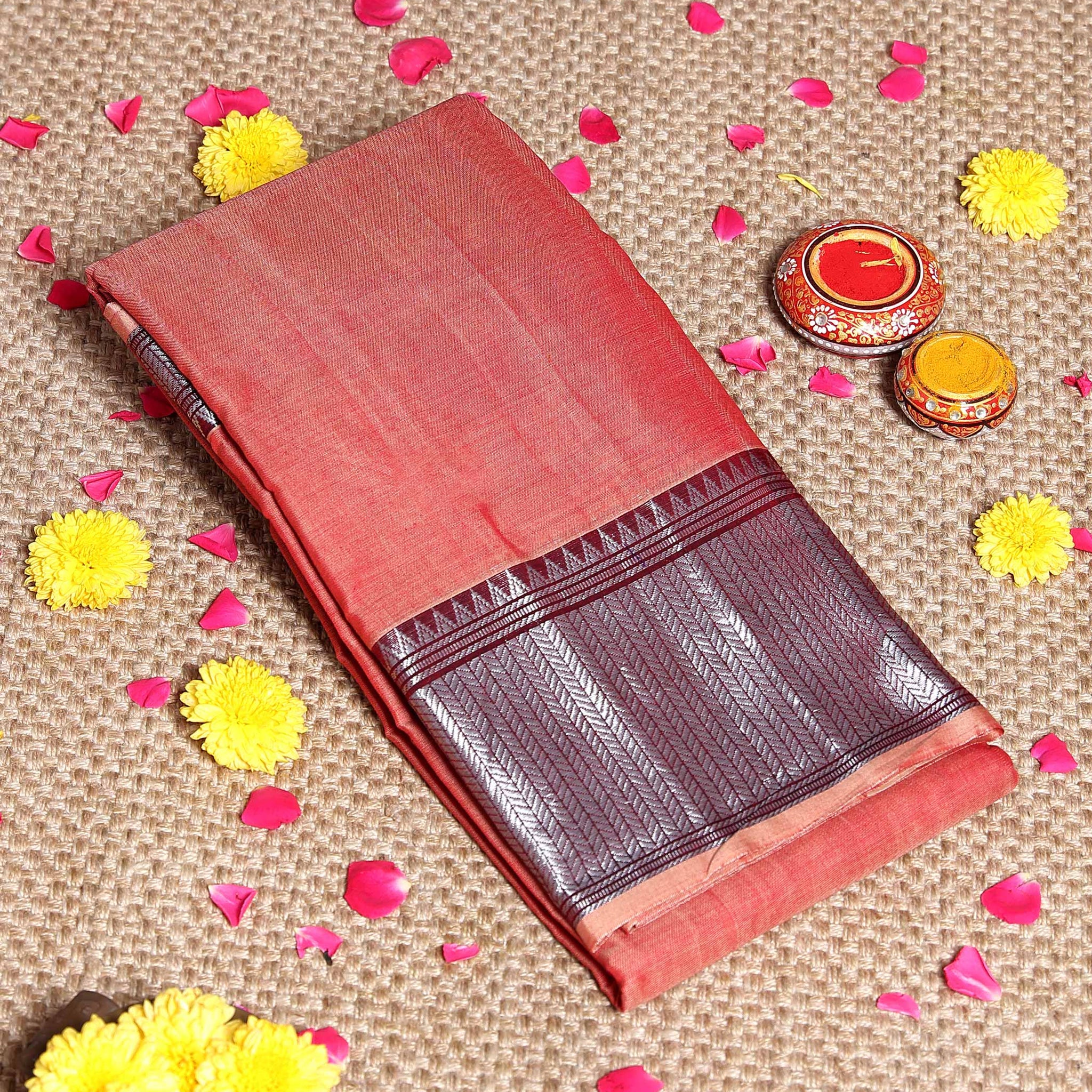 Traditional Narayanpet Handloom Cotton Saree with Traditional Temple-Style Zari Border and Geometric Patterned Pallu - Peach