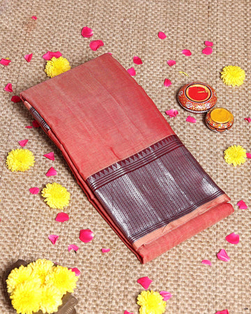 Traditional Narayanpet Handloom Cotton Saree with Traditional Temple-Style Zari Border and Geometric Patterned Pallu - Peach