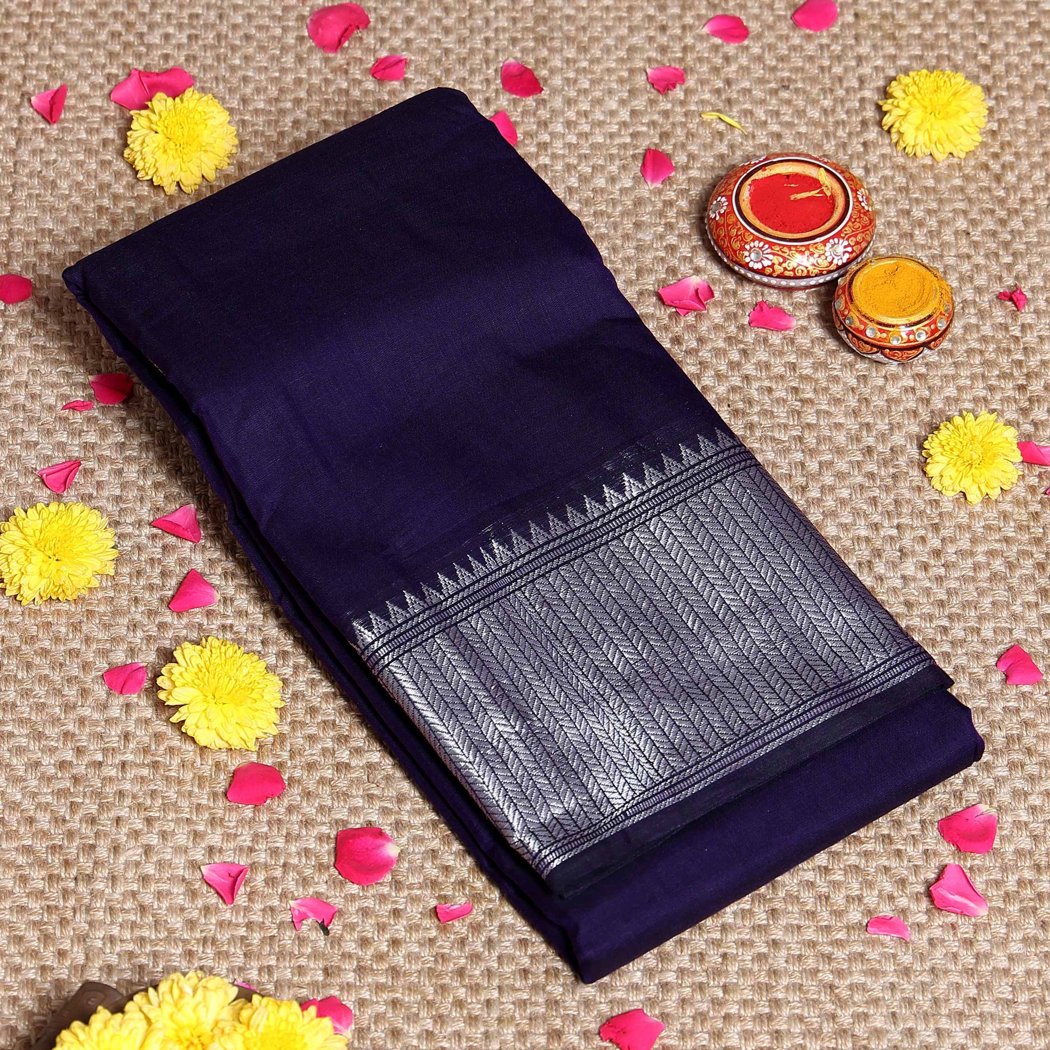 Traditional Narayanpet Handloom Cotton Saree with Traditional Temple-Style Zari Border and Geometric Patterned Pallu - Purple