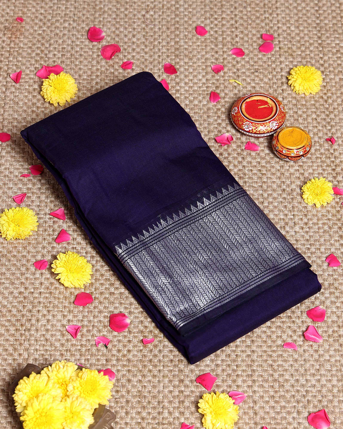 Traditional Narayanpet Handloom Cotton Saree with Traditional Temple-Style Zari Border and Geometric Patterned Pallu - Purple