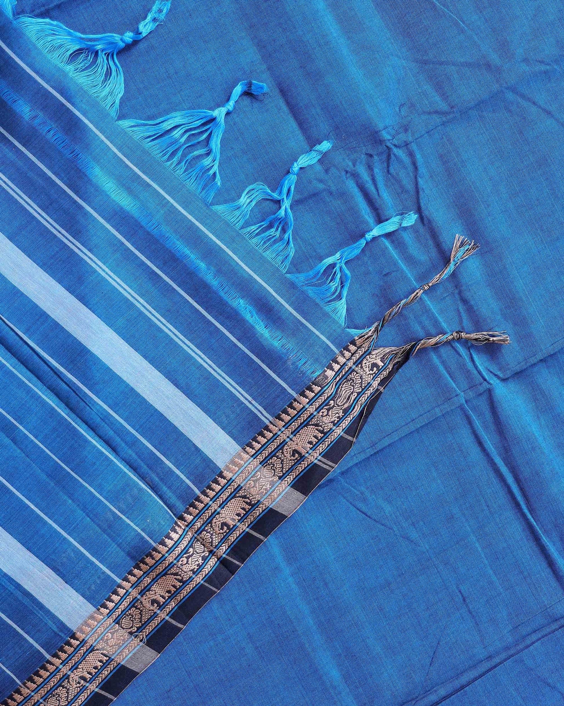 Traditional Narayanpet Handloom Cotton Saree with Traditional Temple Border Elephant Motif Zari Design & Soft Textured Weave - Blue