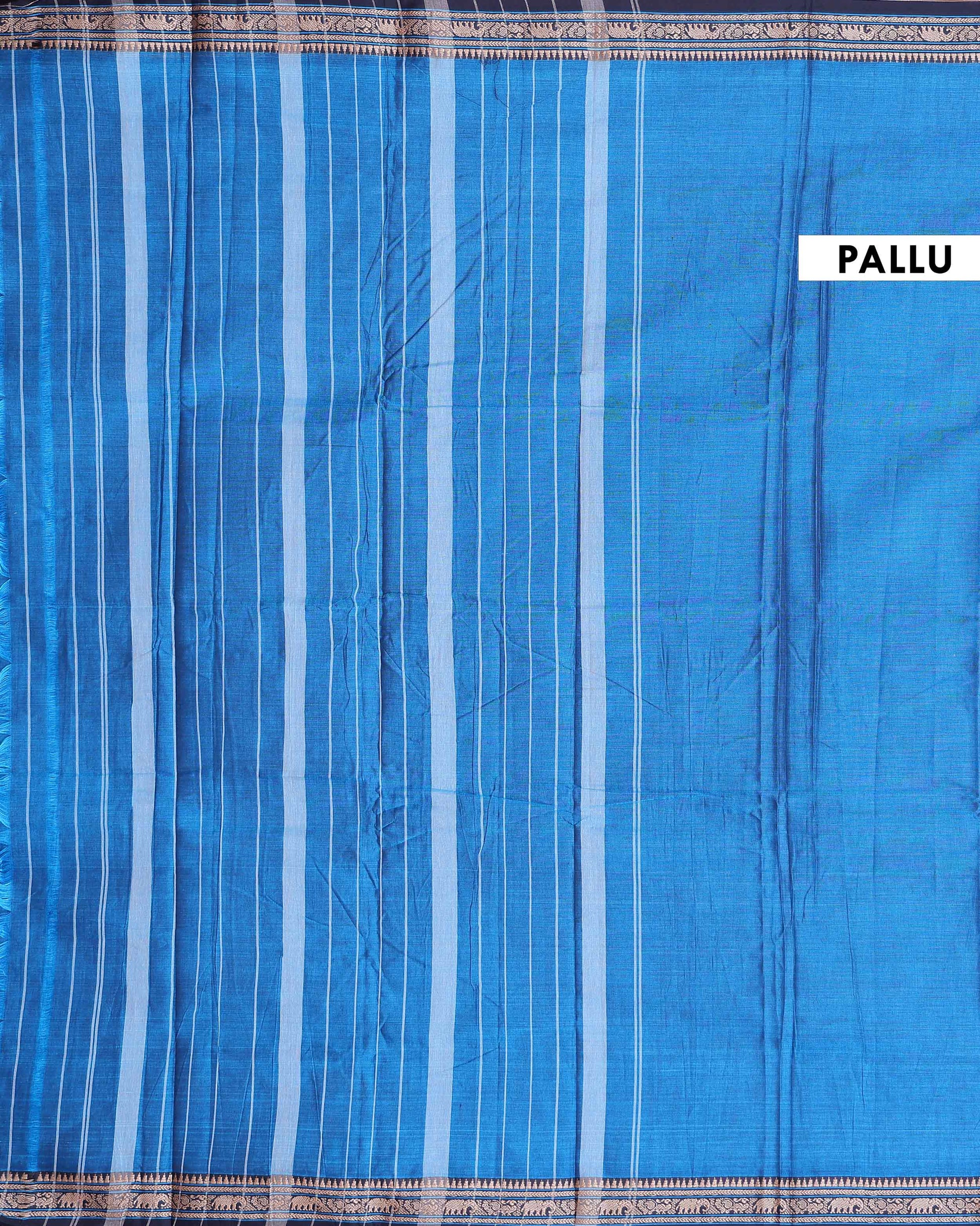 Traditional Narayanpet Handloom Cotton Saree with Traditional Temple Border Elephant Motif Zari Design & Soft Textured Weave - Blue