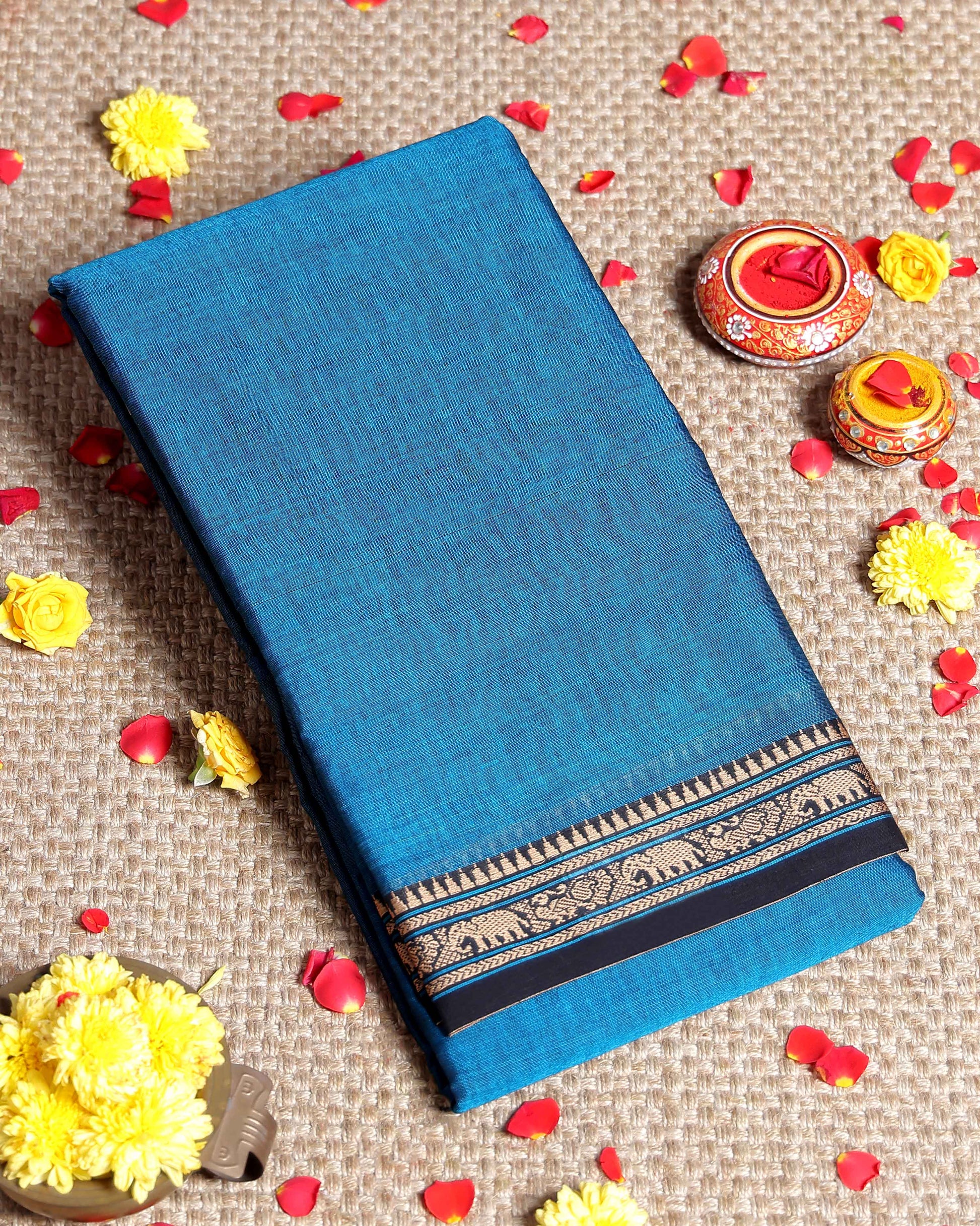 Traditional Narayanpet Handloom Cotton Saree with Traditional Temple Border Elephant Motif Zari Design & Soft Textured Weave - Blue