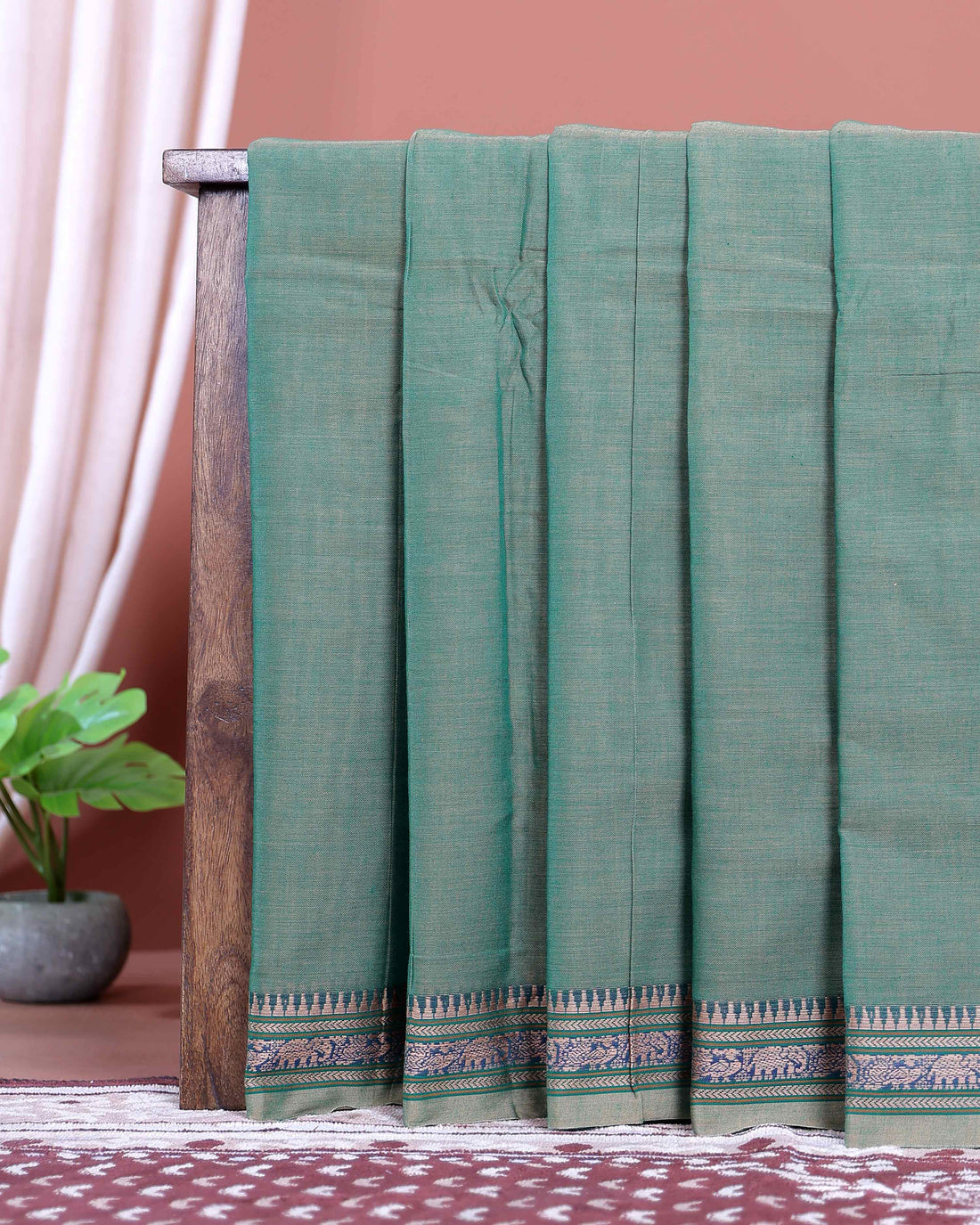 Traditional Narayanpet Handloom Cotton Saree with Traditional Temple Border Elephant Motif Zari Design & Soft Textured Weave - Green