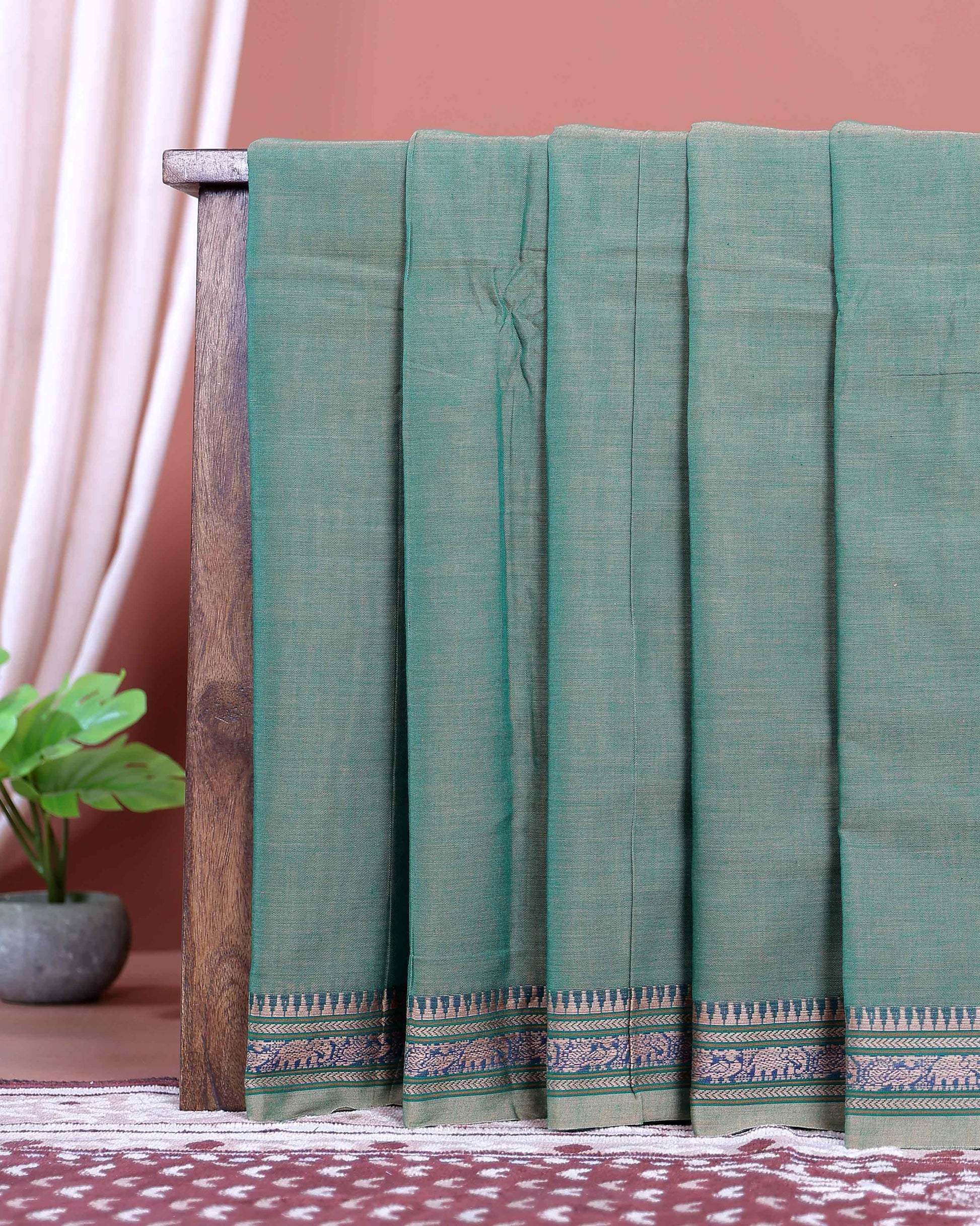 Traditional Narayanpet Handloom Cotton Saree with Traditional Temple Border Elephant Motif Zari Design & Soft Textured Weave - Green
